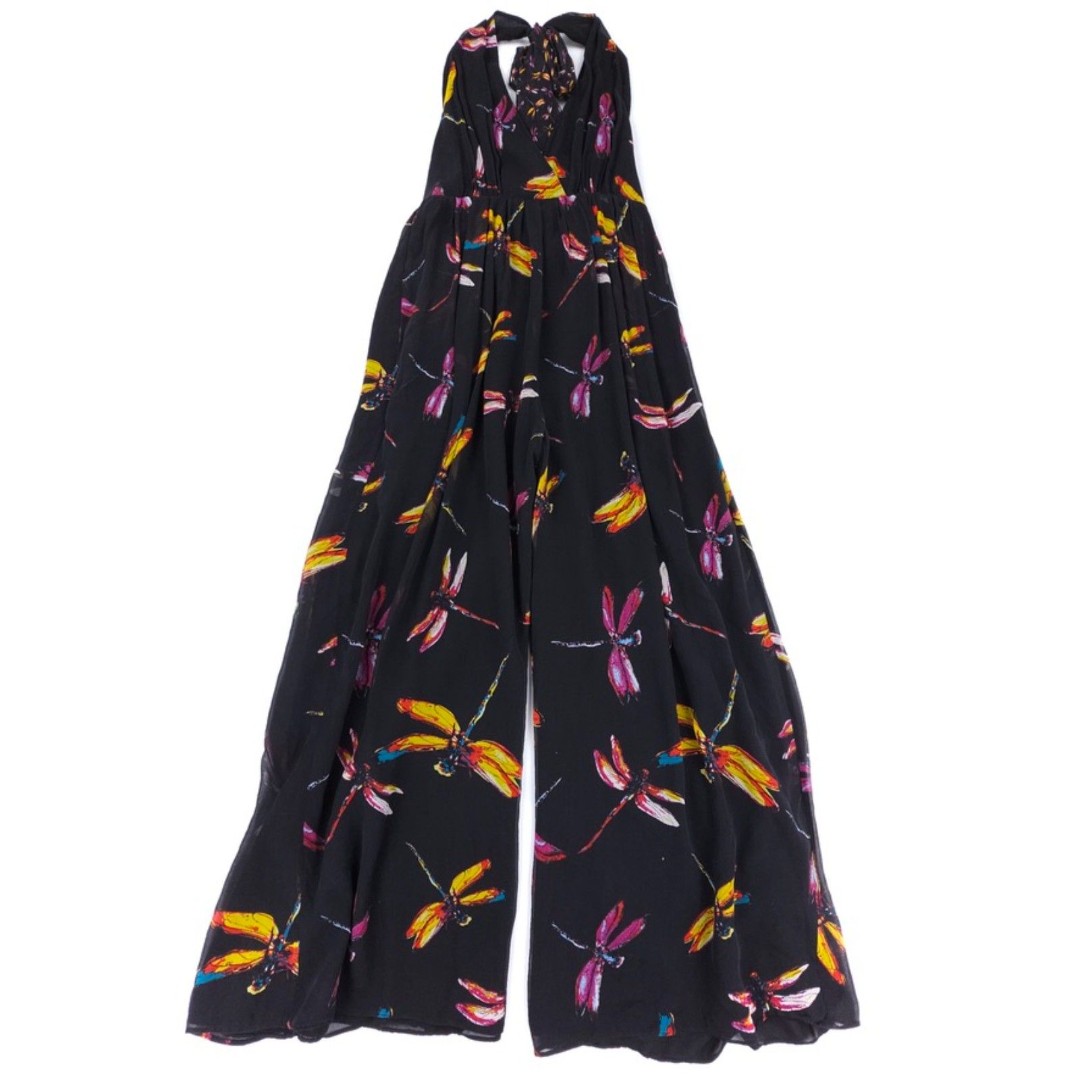 DIANE VON FURSTENBERG 100% Silk Justine Wide Leg Halter Jumpsuit Black Dragonfly