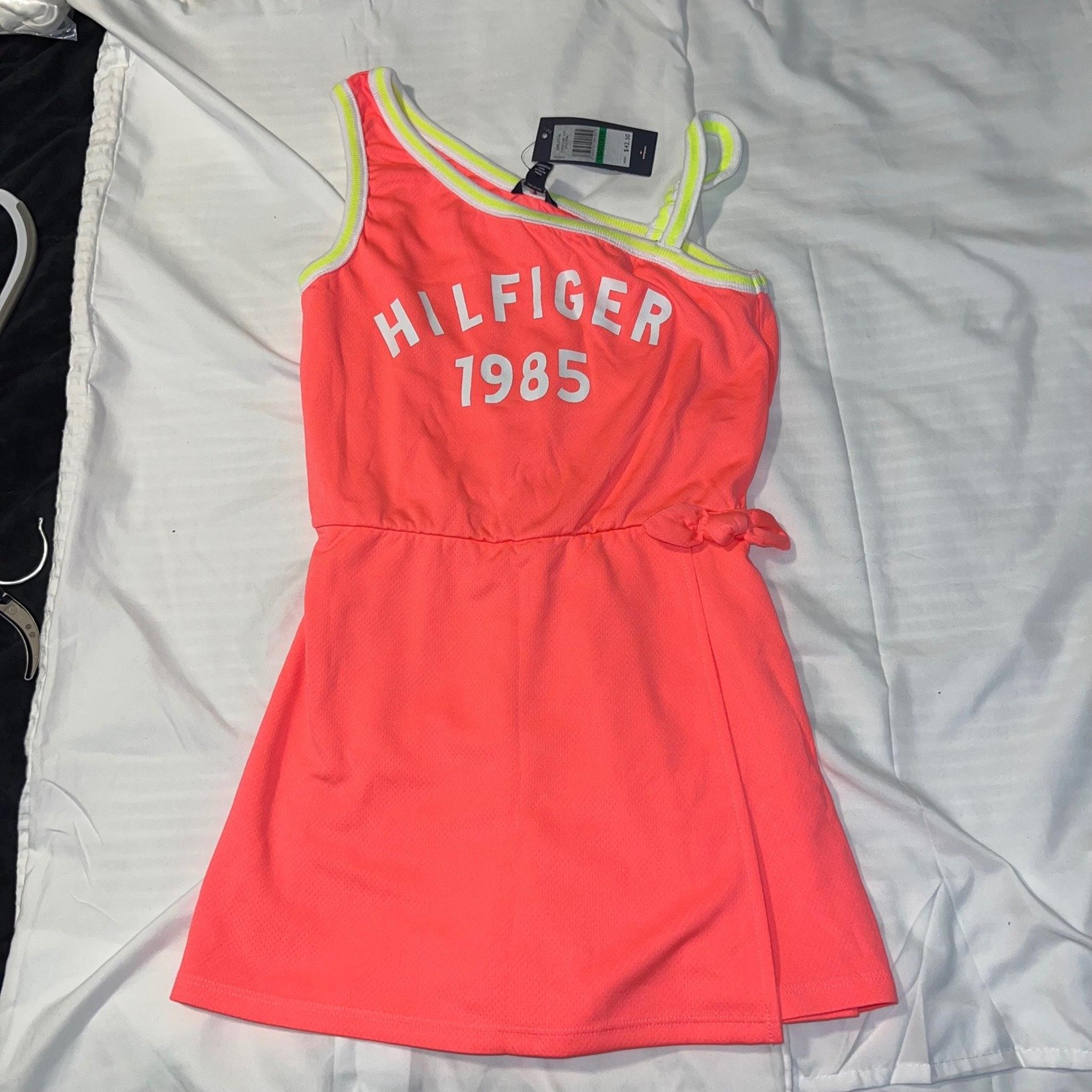 Tommy Hilfiger Dress Neon Coral One Shoulder Sleeveless Kids Size L 12/14