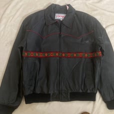 Mens black leather vintage red Aztec pattern jacket
