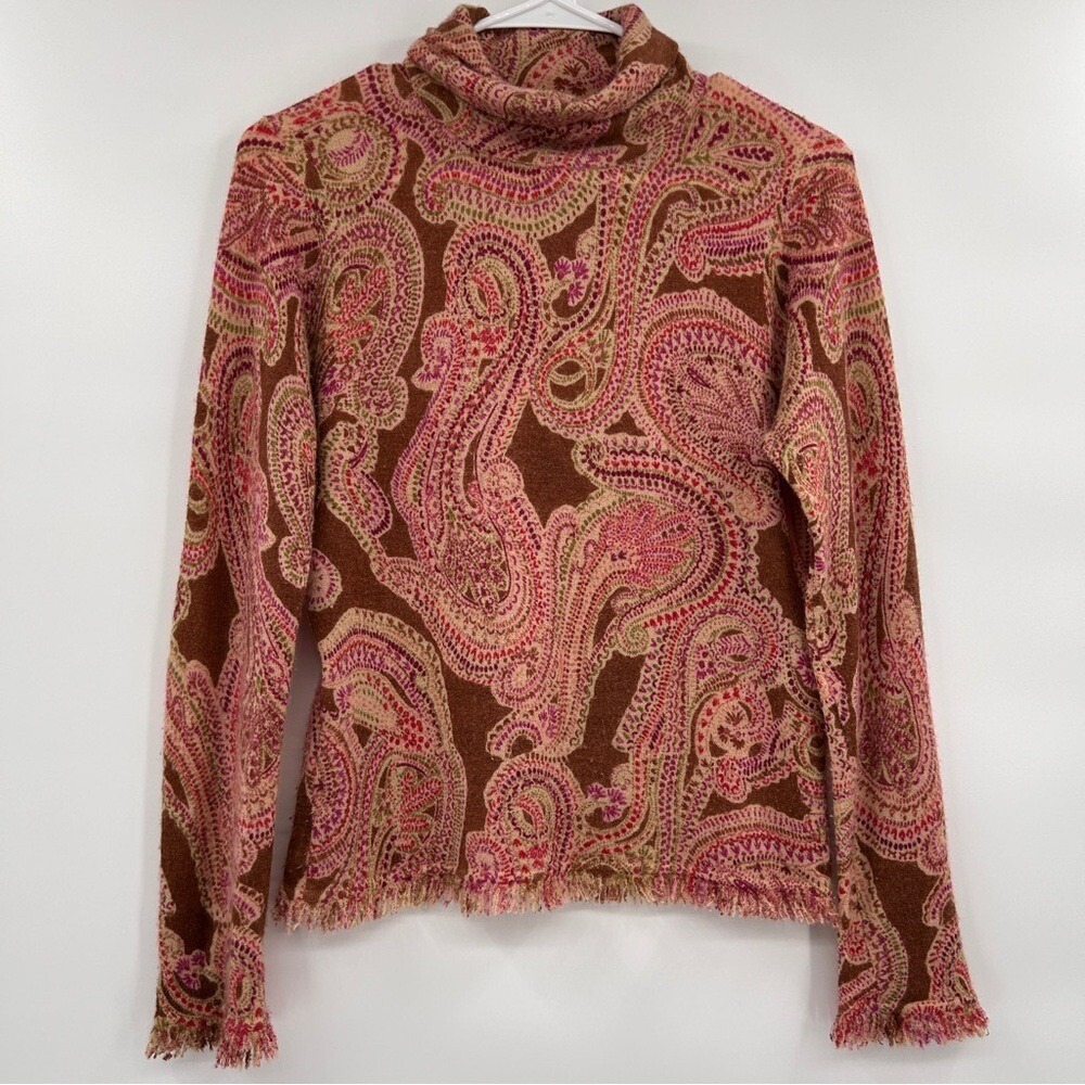 Belford for Saks Fifth Avenue Cashmere Fringed Hem Sweater Size Large Paisley