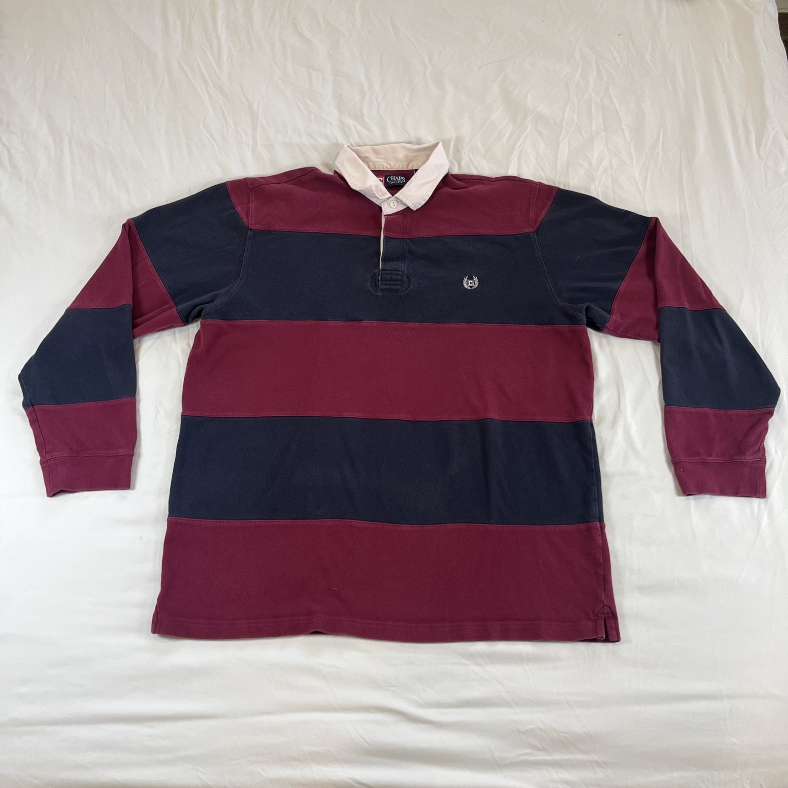 Vintage Chaps Long Sleeve Striped Rugby Shirt Mens XL Color Block Maroon Blue