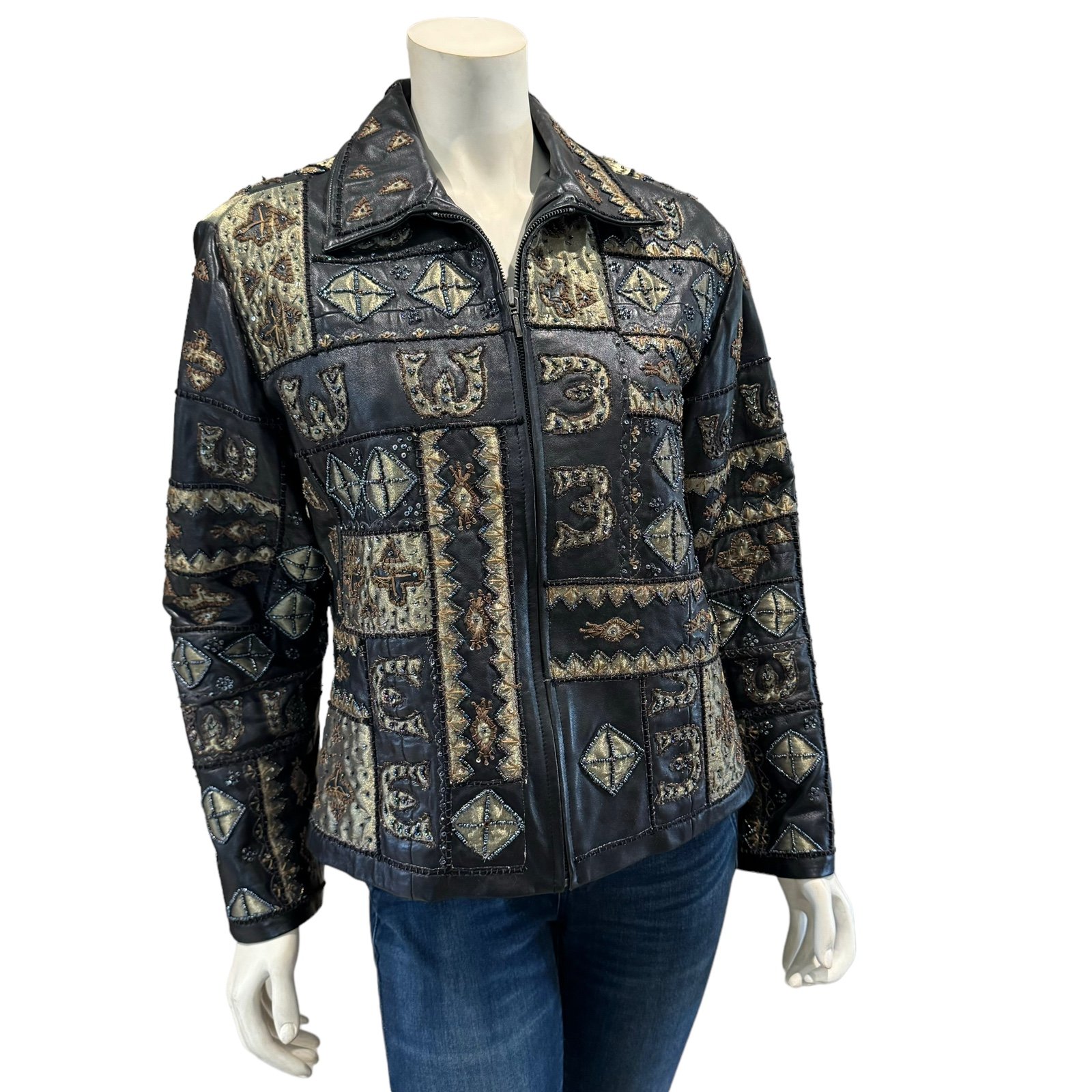 Chico’s Beaded and Embroidered Patchwork Leather Jacket