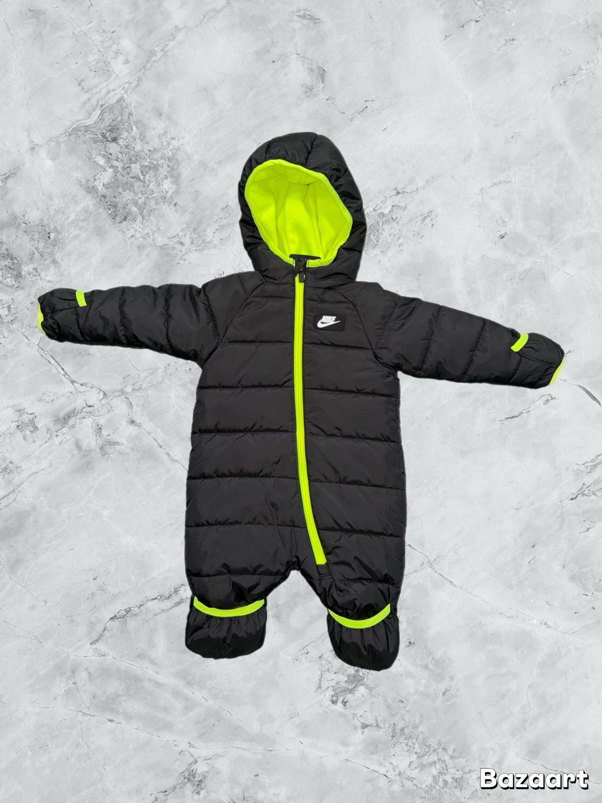 NWOT NIKE Baby's Fleece Therma Hooded Coverall Black/Neon Green 6M