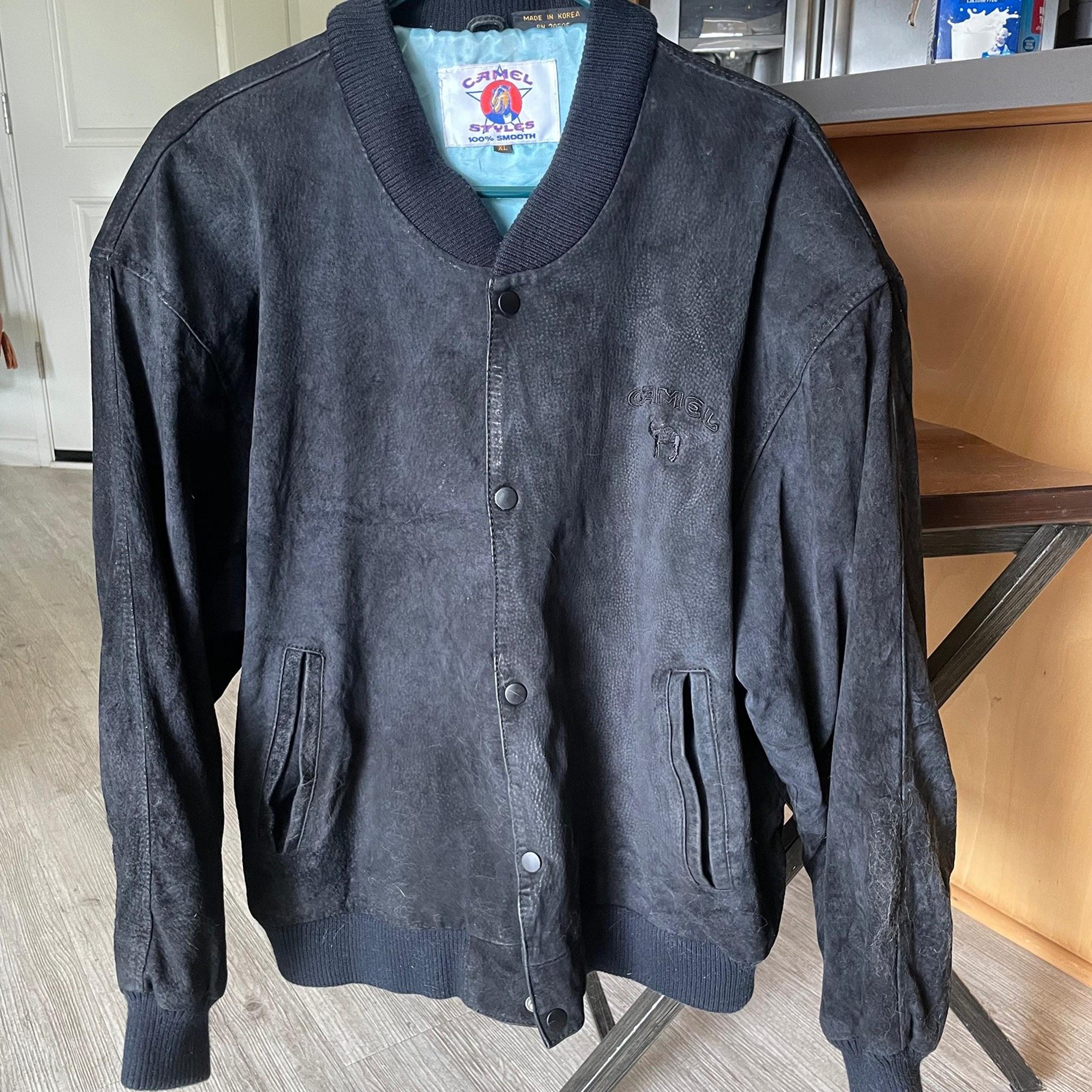 Vintage Camel Styles Leather Bomber Jacket Mens XL Black Suede Satin Lined Heavy