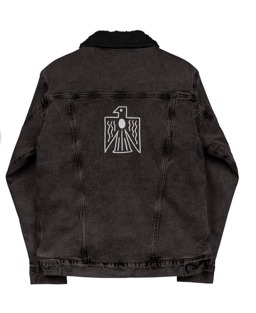 Embroidered Live Forever Die Whenever Denim Sherpa Jacket