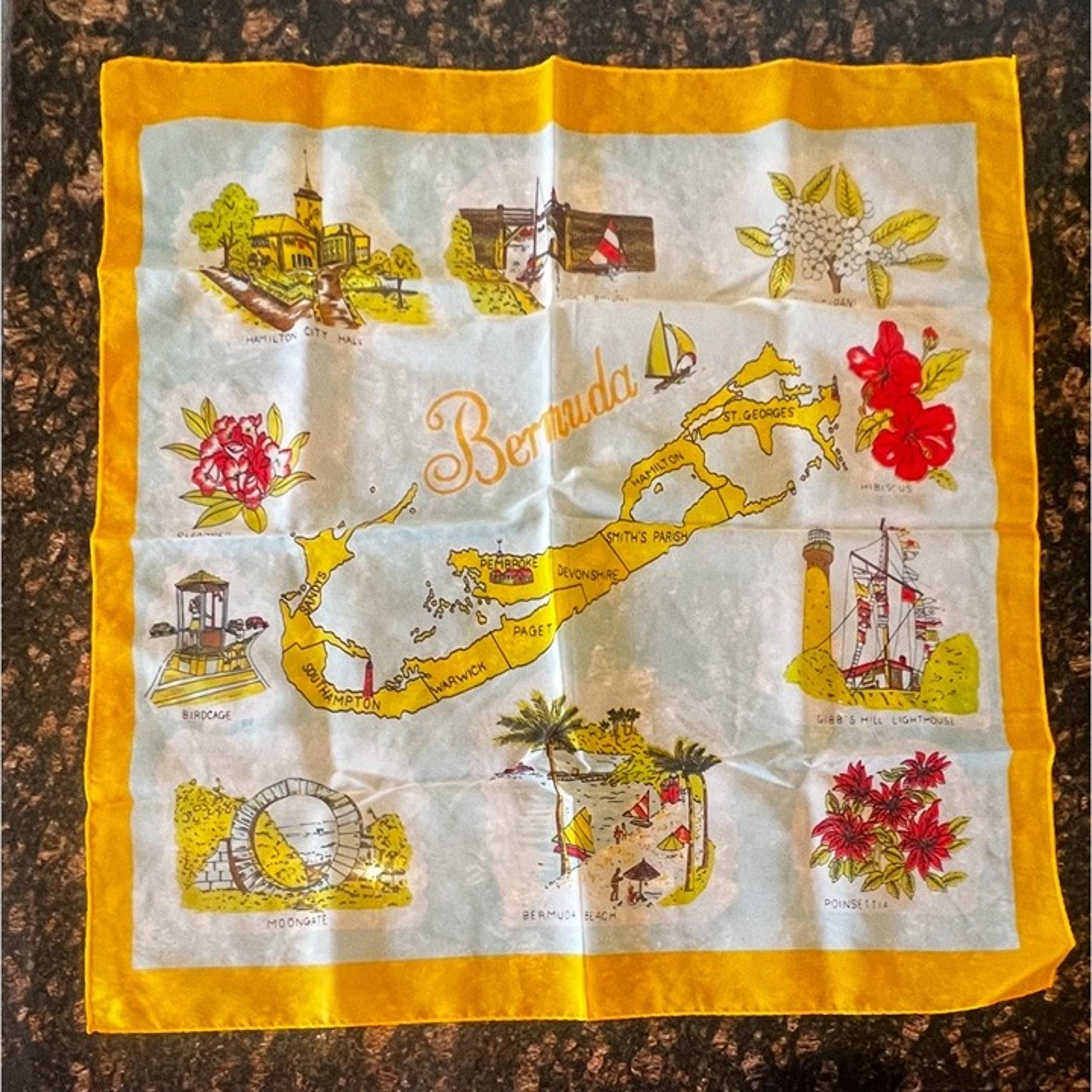 Bermuda Map Scarf 26” X 27” Yellow Border Landmarks & Illustrations vintage