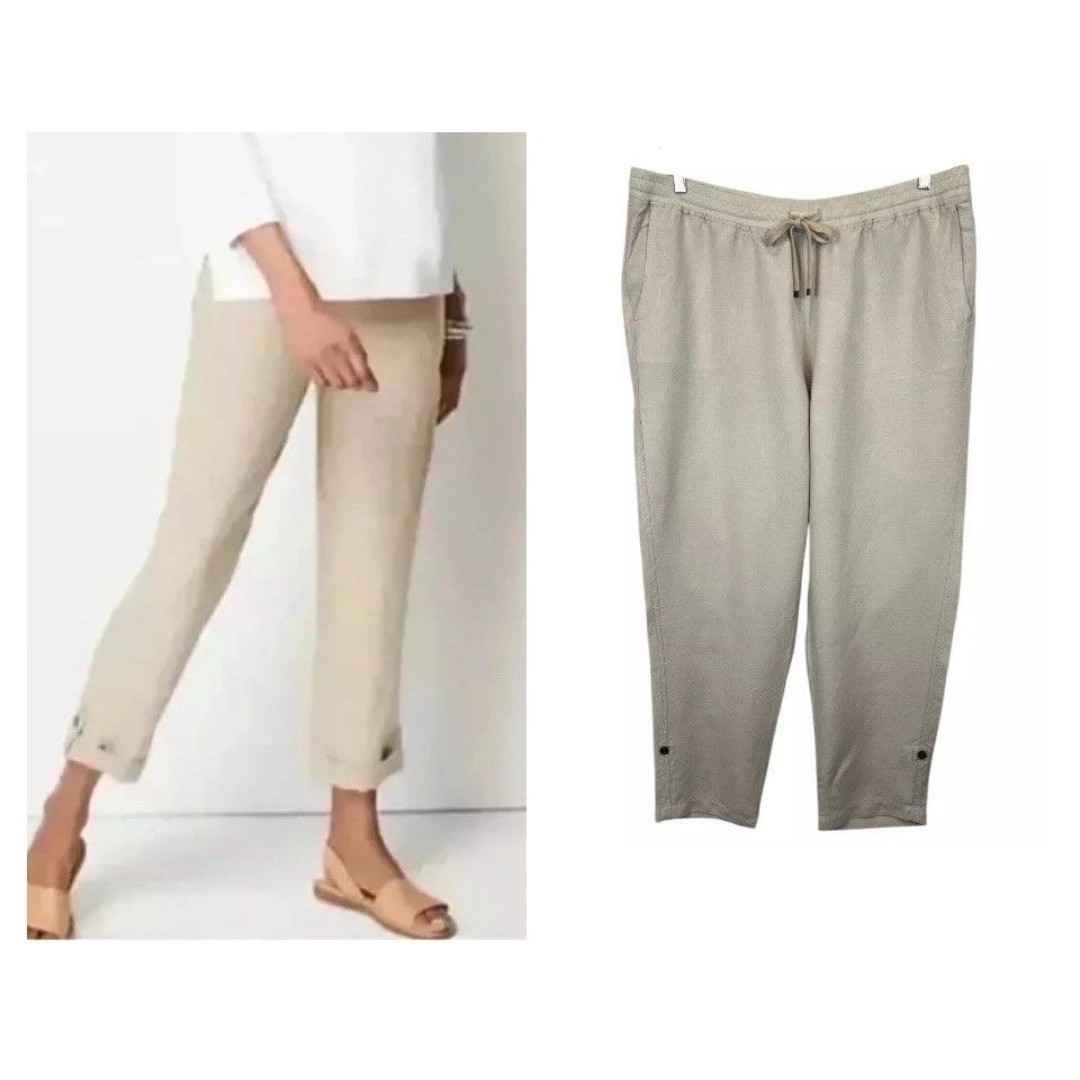 J Jill Women's Linen Blend Pull-on Pants Size XL Flax Beige Roll-Tab Leg