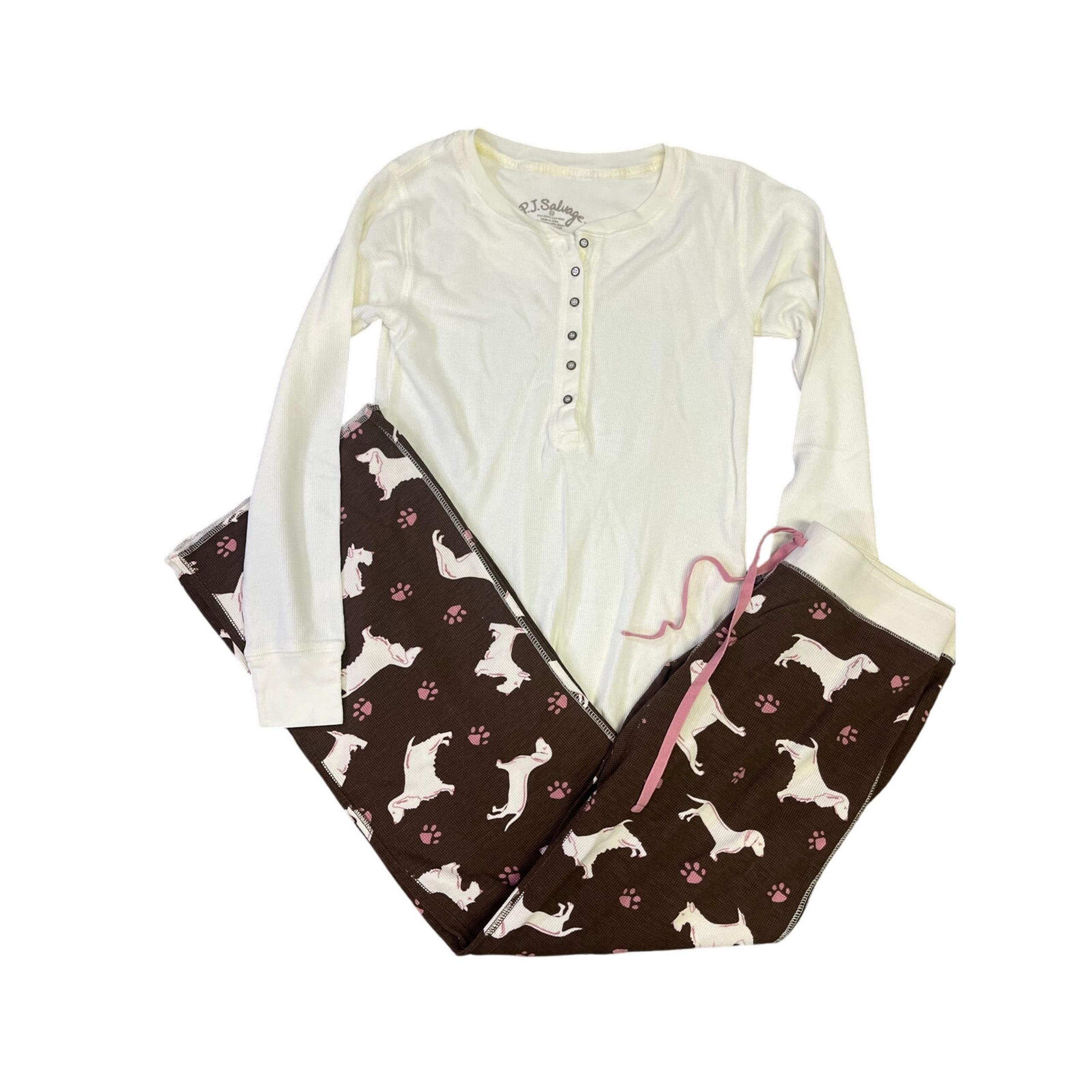 P.J. Salvage Waffle Knit Long Dog Print Sleeve Pajama Set, Cream/Brown Women’s M