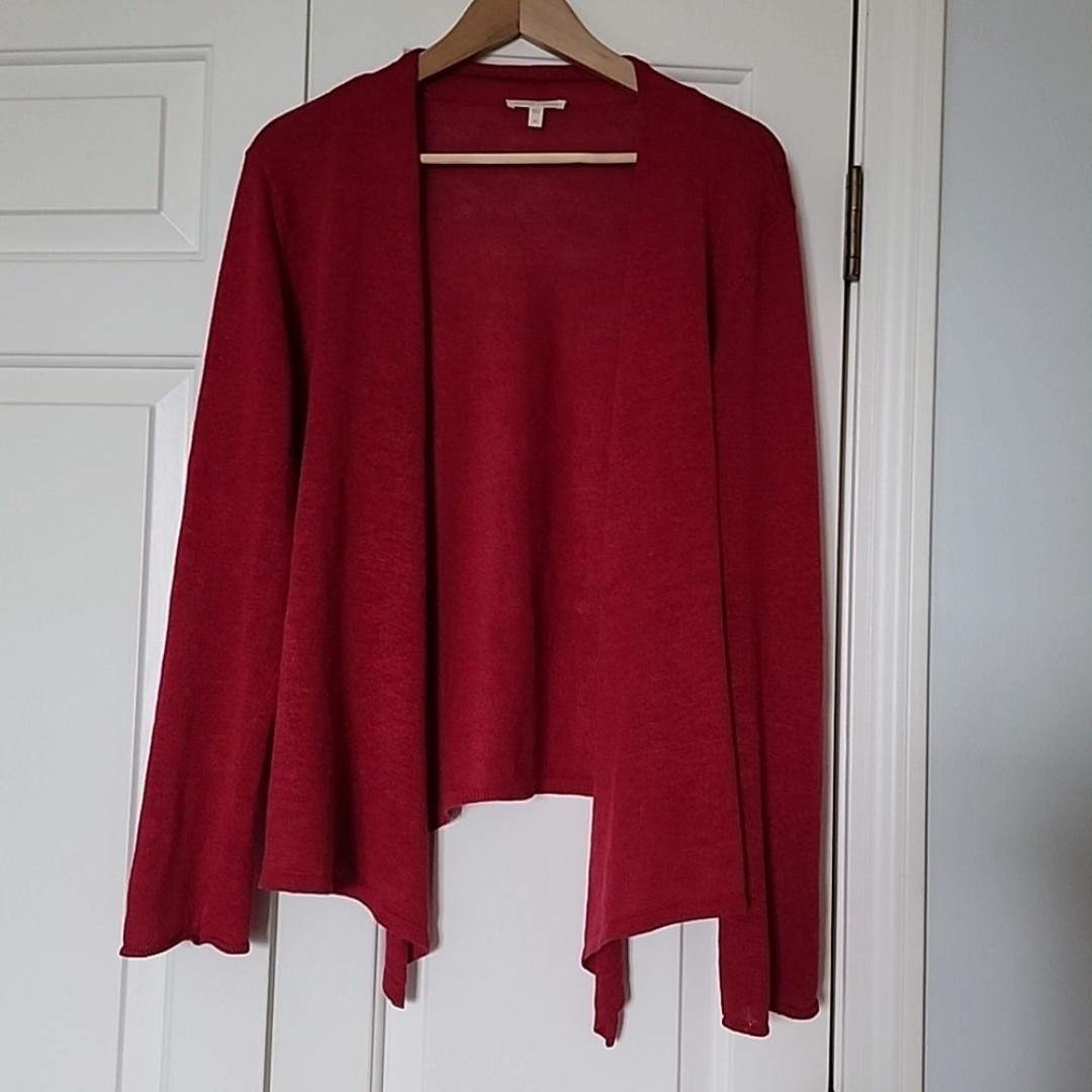 Eileen Fisher womens 100% Linen red open cardigan size medium preppy holiday
