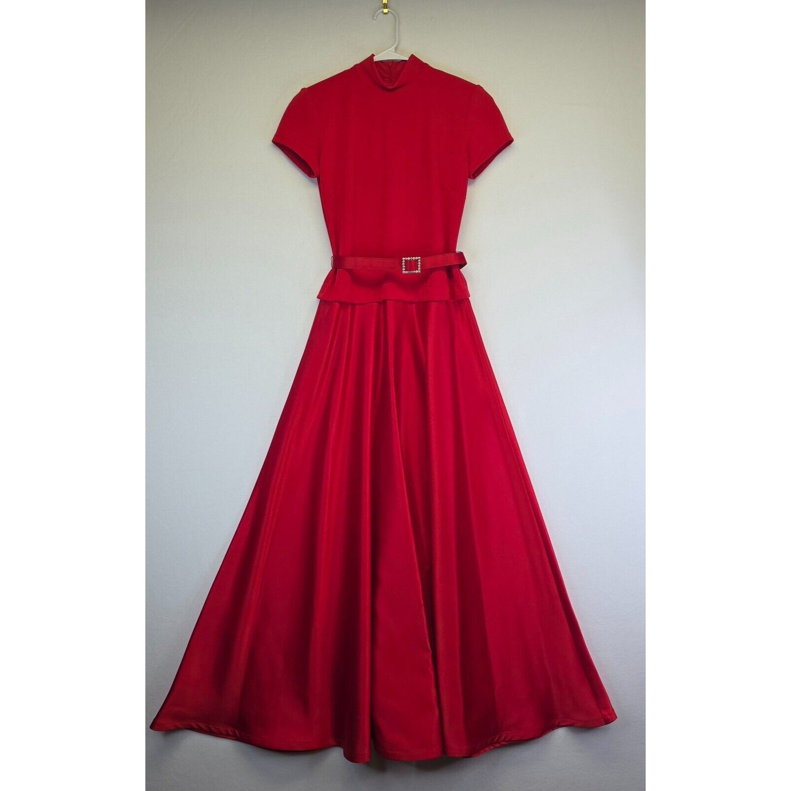 Vintage Bari Jay Dress Womens 6 Red Mock Neck Satin Belted Maxi A Line Romantic