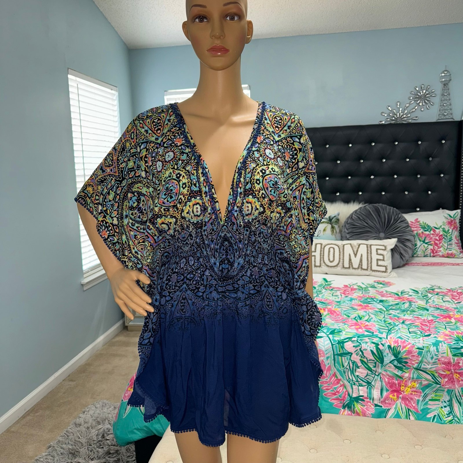 Victoria’S Secret NWT! Navy Multi Caftan Boho Paisley Open Back Cover-Up Size S