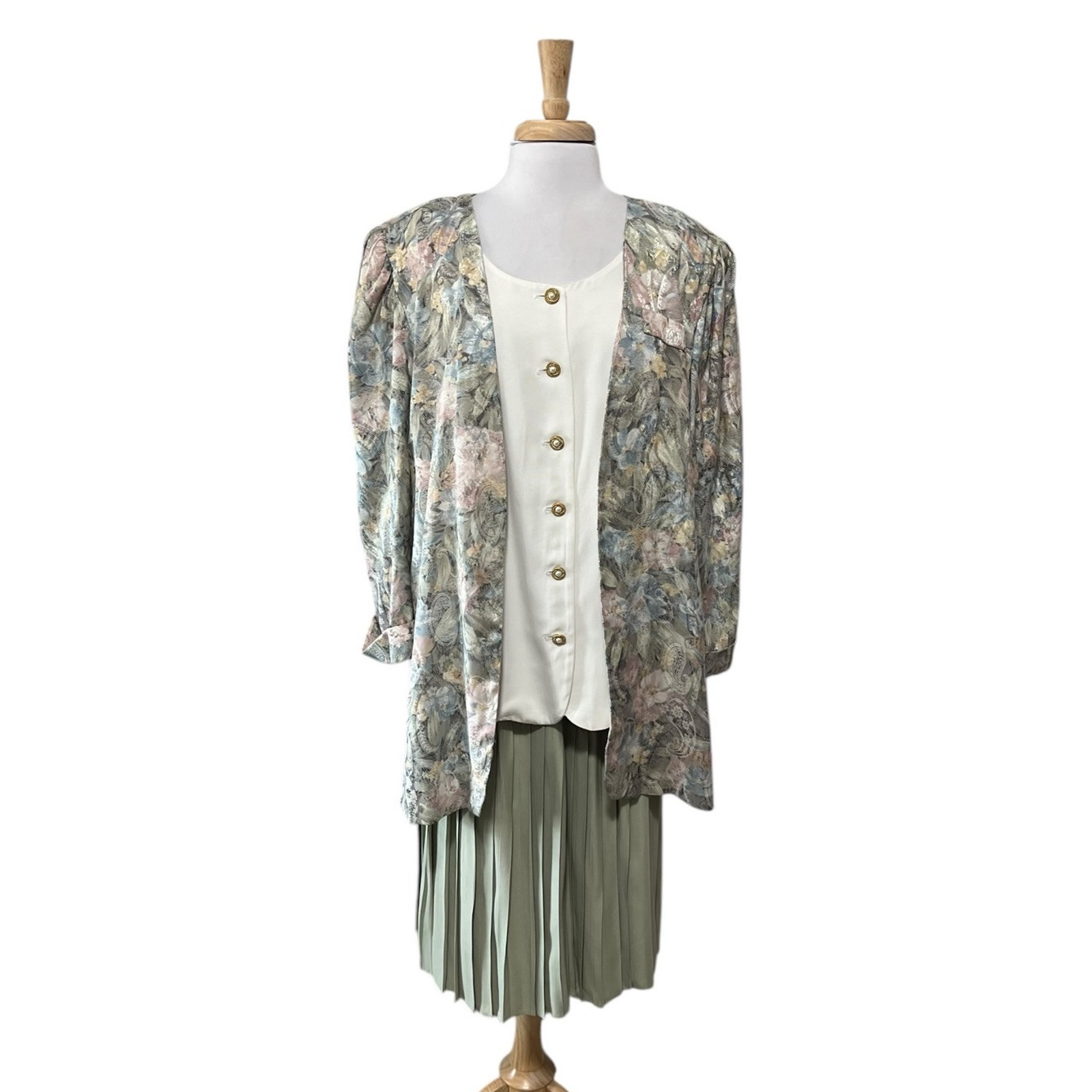 90s Vintage Women's 18 Mint Green Paisley Jacquard Floral Jacket &Skirt Set