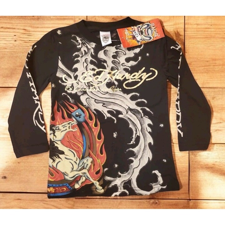 Ed Hardy Shirt Boys Size 2/3 Long Sleeve Black Christian Audigier Y2k NWT
