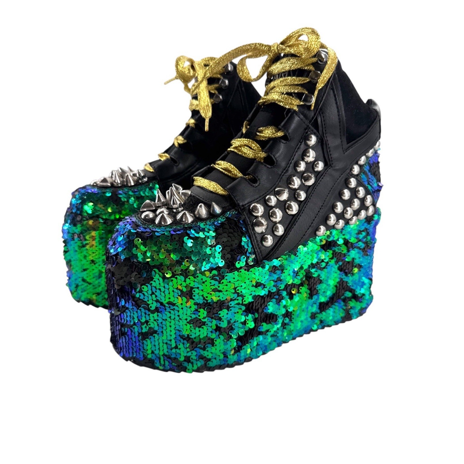 YRU Qozmo High Top Platform Boots Black & Blue Green Sequin Studded Womens 7