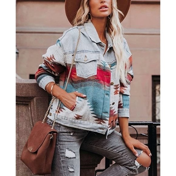 XL Multicolor Aztec Tribal Print Button Down Denim Jean Jacket Coat Shacket
