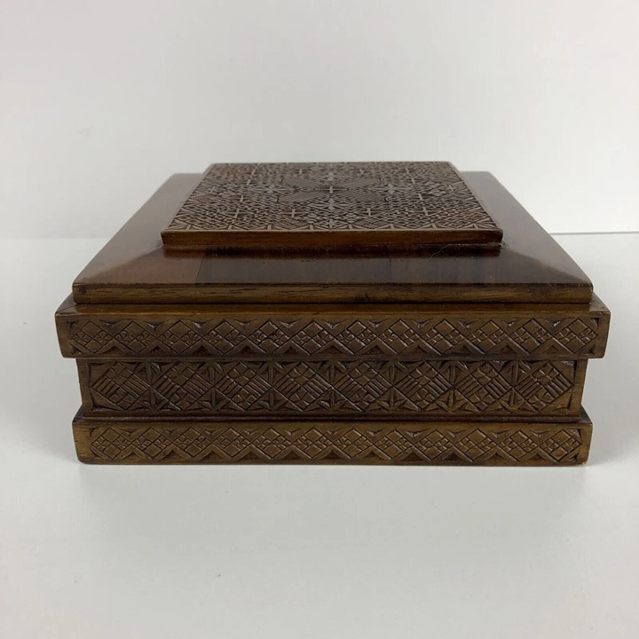 Vintage Hinged Hand Carved European Wooden Box MCM Geometric Pattern Marked