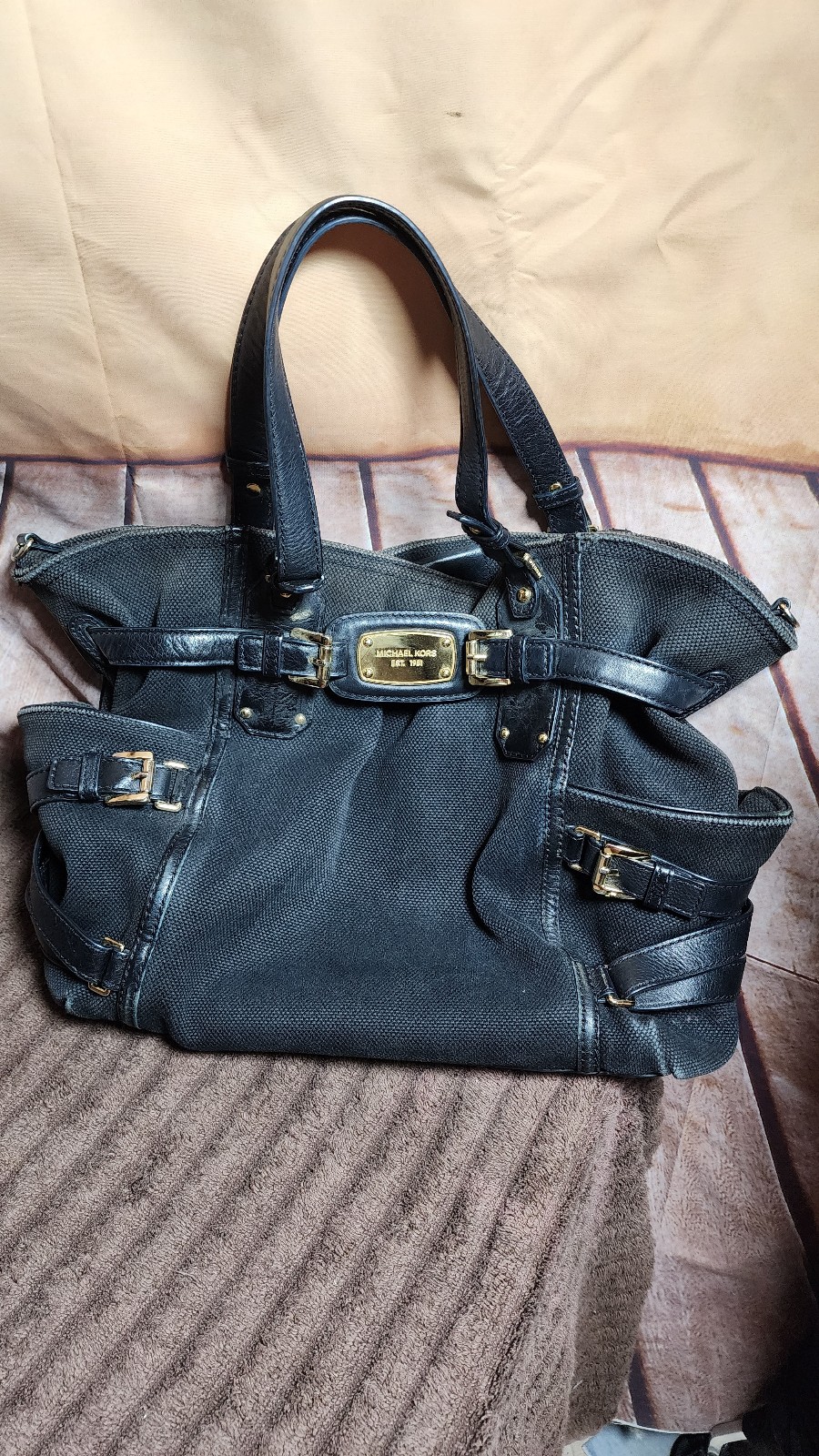 Michael Michael Kors Large Tote Shoulder Bag Gansevoort Canvas Leather Black Lar