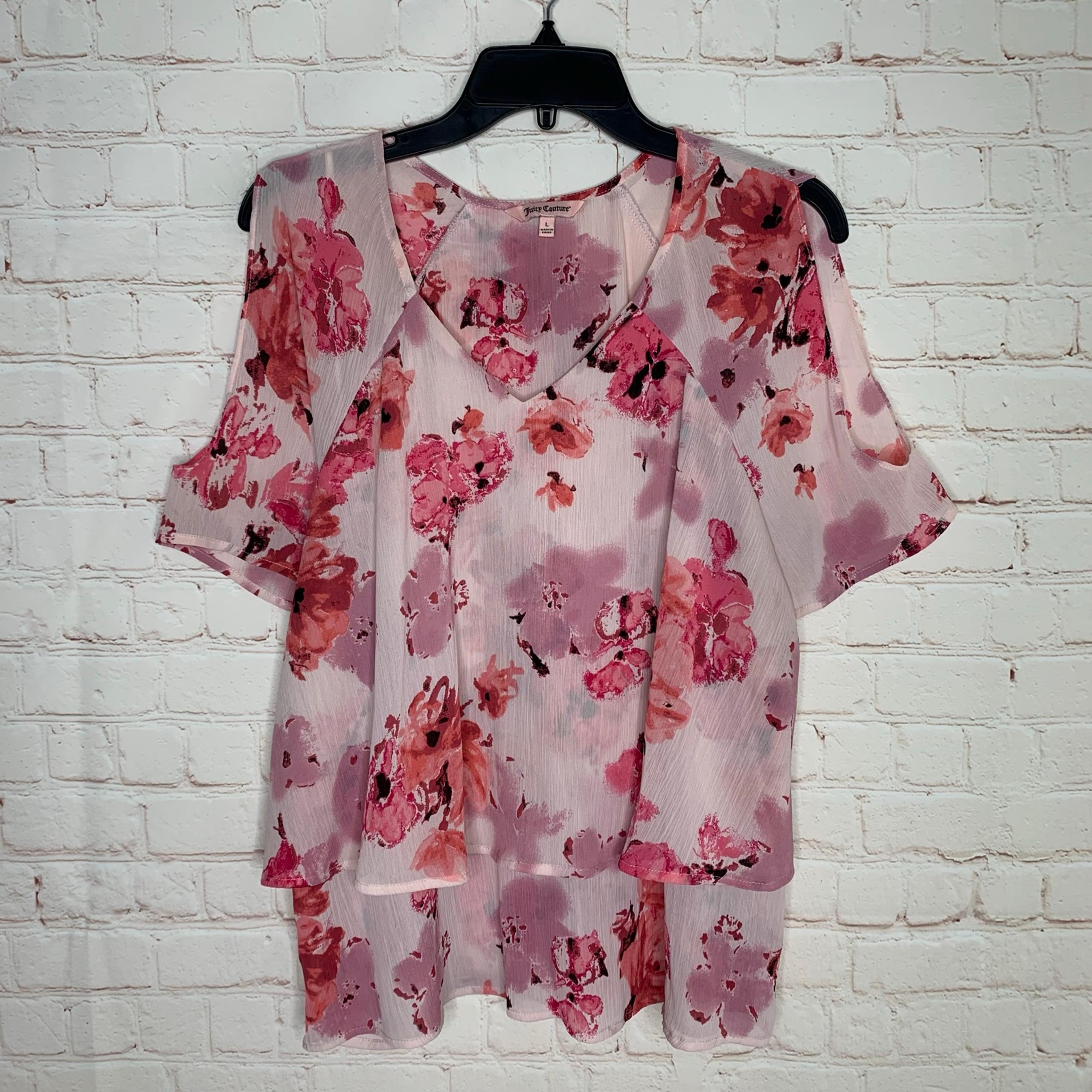 Juicy Couture Womens Pink Floral V-neck Chiffon Cold Shoulder Top Blouse Size L