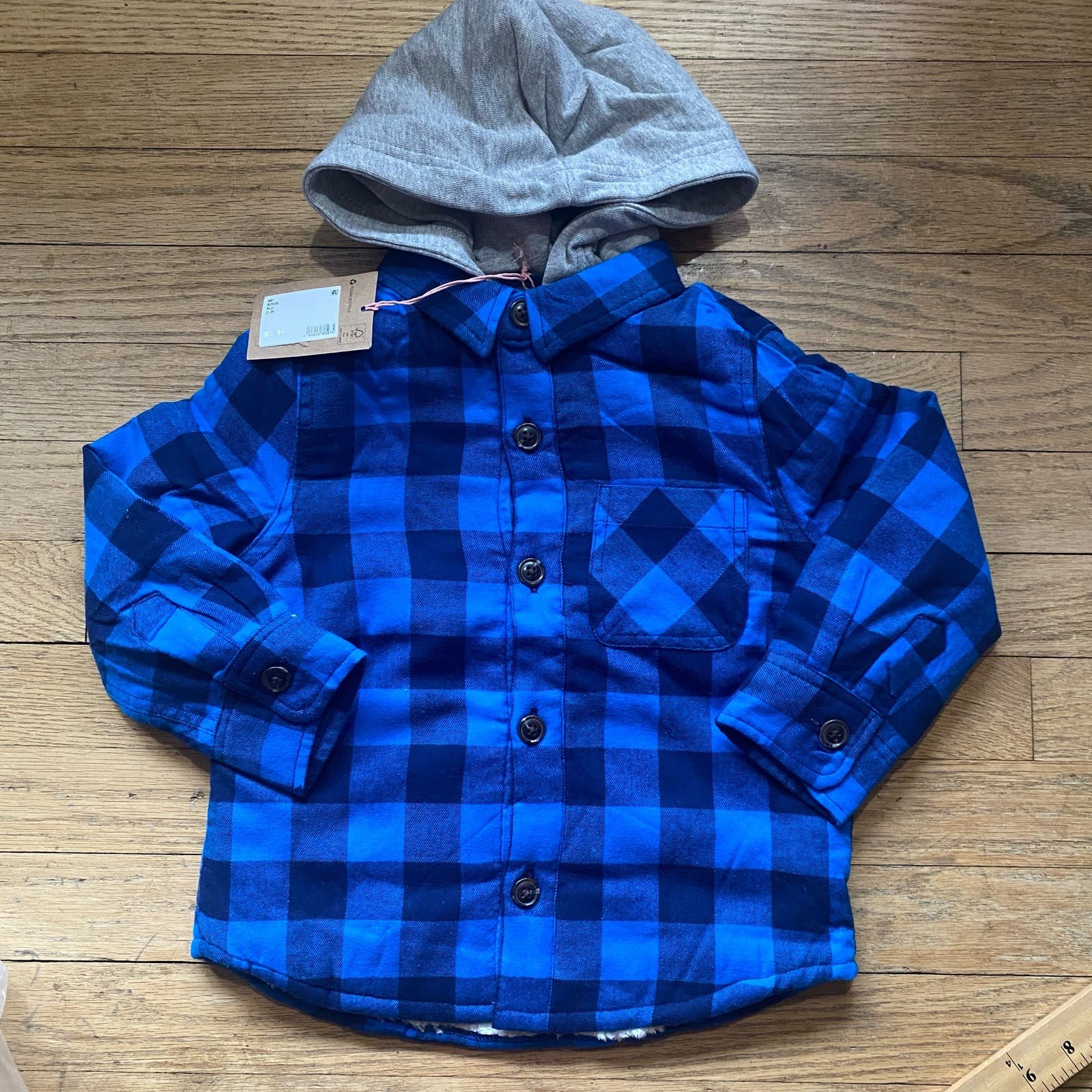 NWT Boden Kids' Hooded Check Fleece Lined Flannel Button-Up Shirt (Sz 2-3Y)