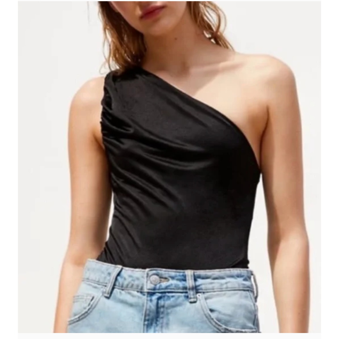 Zara Bodysuit Womens Small Black Ruched Satin One Shoulder Top