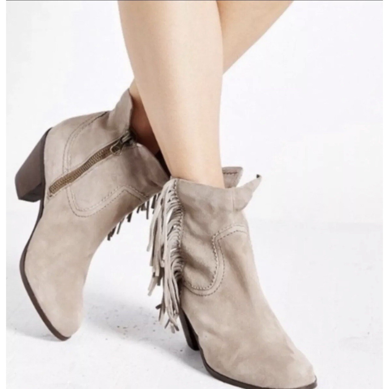 Sam Edelman Women's Louie Ankle Fringe Boot Tan Suede 7.5 M 32135 Side Zip