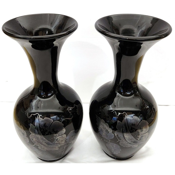 Fenton 2 VASES handpainted silver poppies on ebony black glass 9.5 signed Genel