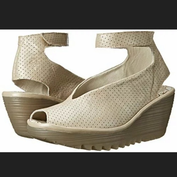FLY London Perforated Leather Wedge Sand
