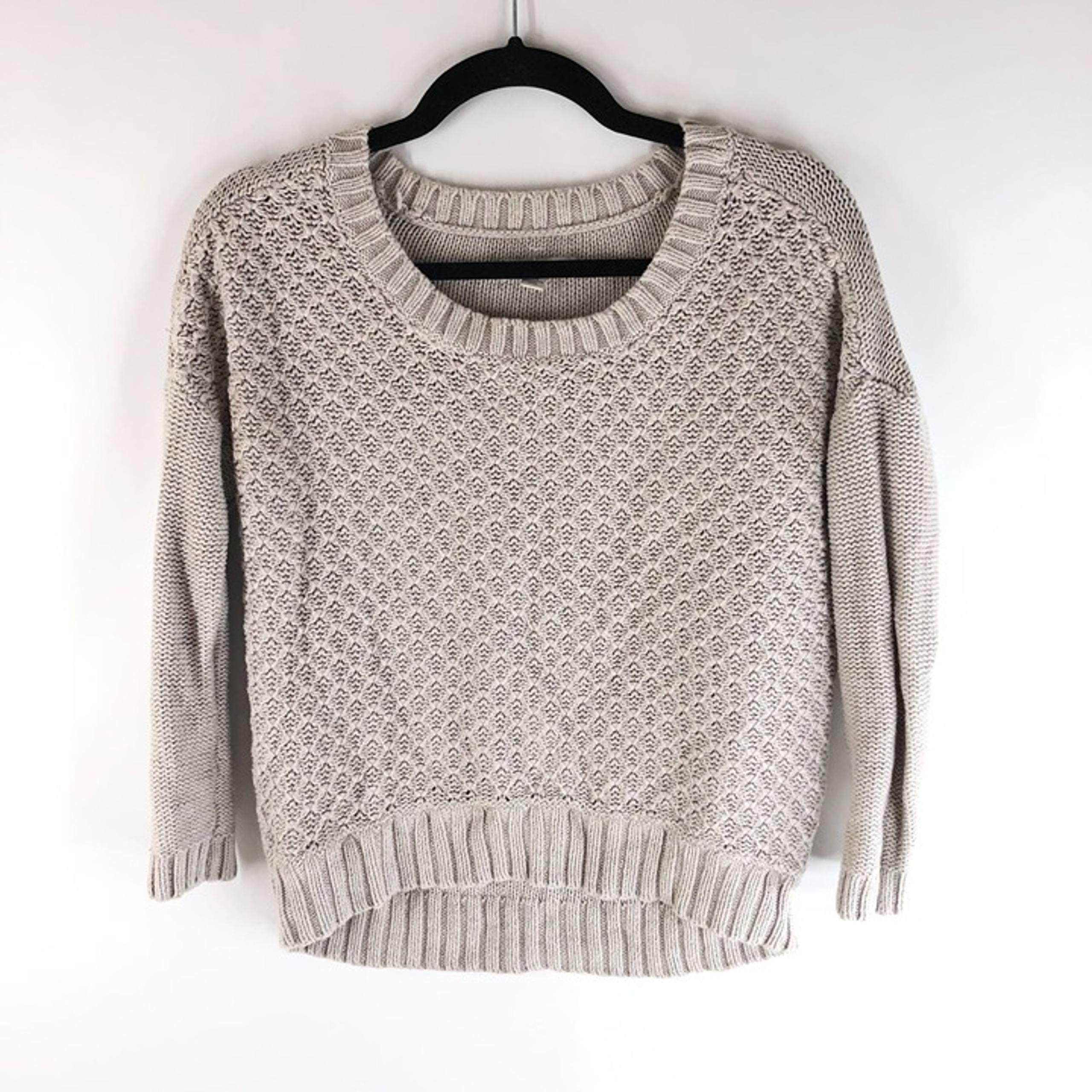 American Eagle Womens Sweater Chunky Knit 3/4 Sleeve Scoop Neck Cotton Beige S