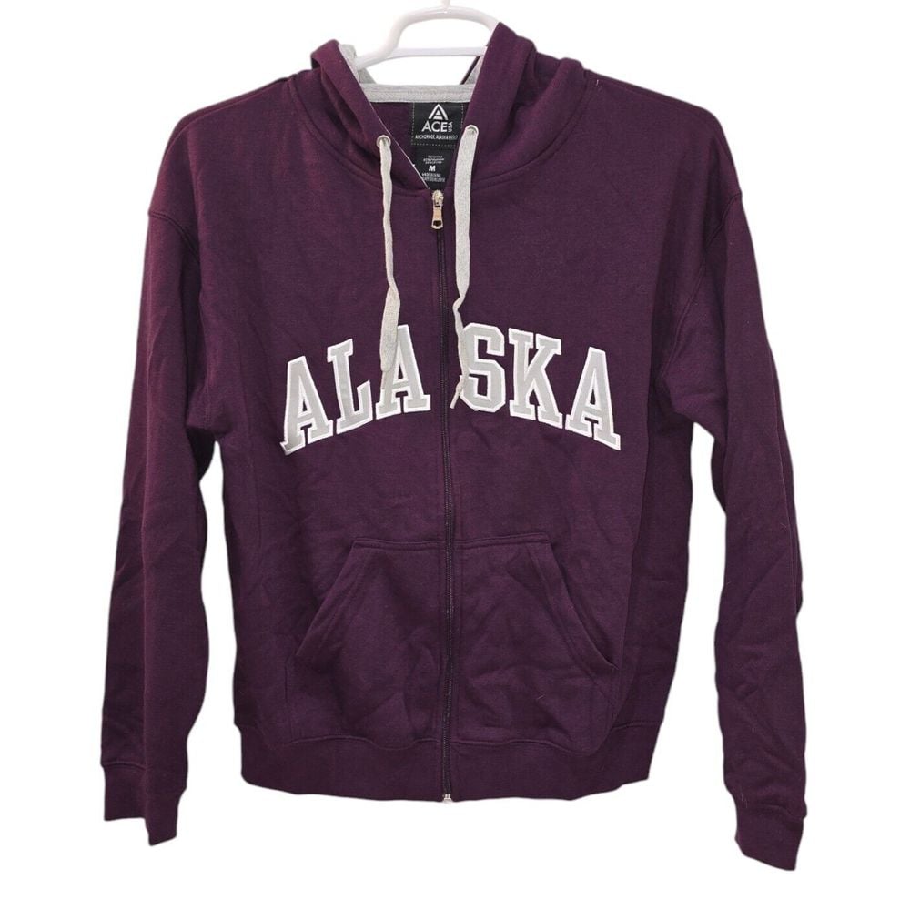 Alaska Sweatshirt Hoodie, Zip-up, Embroidered Emblem, Unisex Medium, Purple