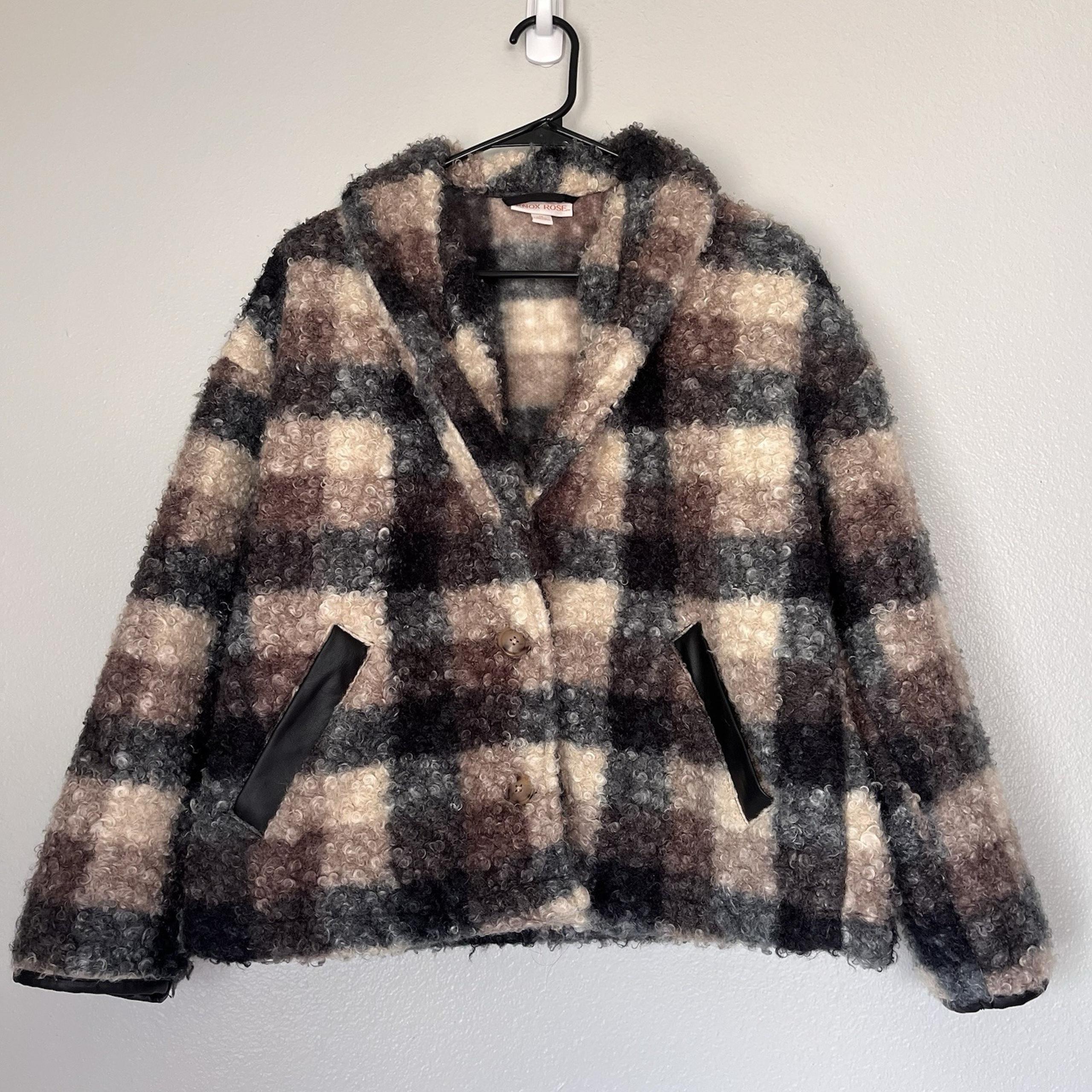 Knox Rose Women's Plaid Sweater Overcoat Black Brown Paid Medium Teddy Bear Coat
