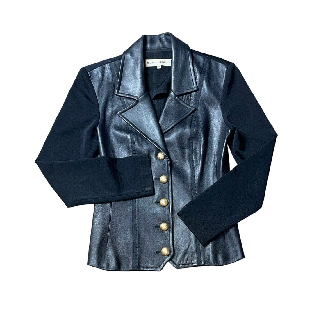 John Murrough Leather Stretchy Back Gold Button Front Short Length Jacket Size M
