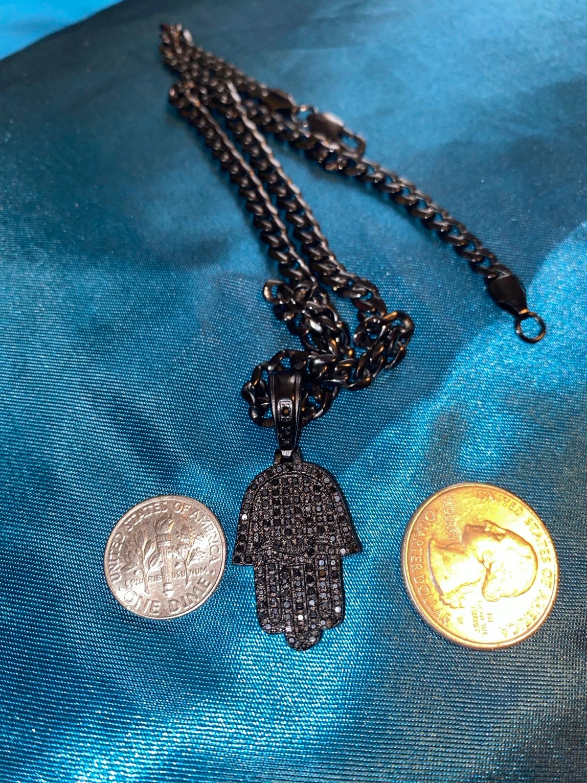 Black hamsa stainless steel pendant with 18 inch black stainless steel necklace