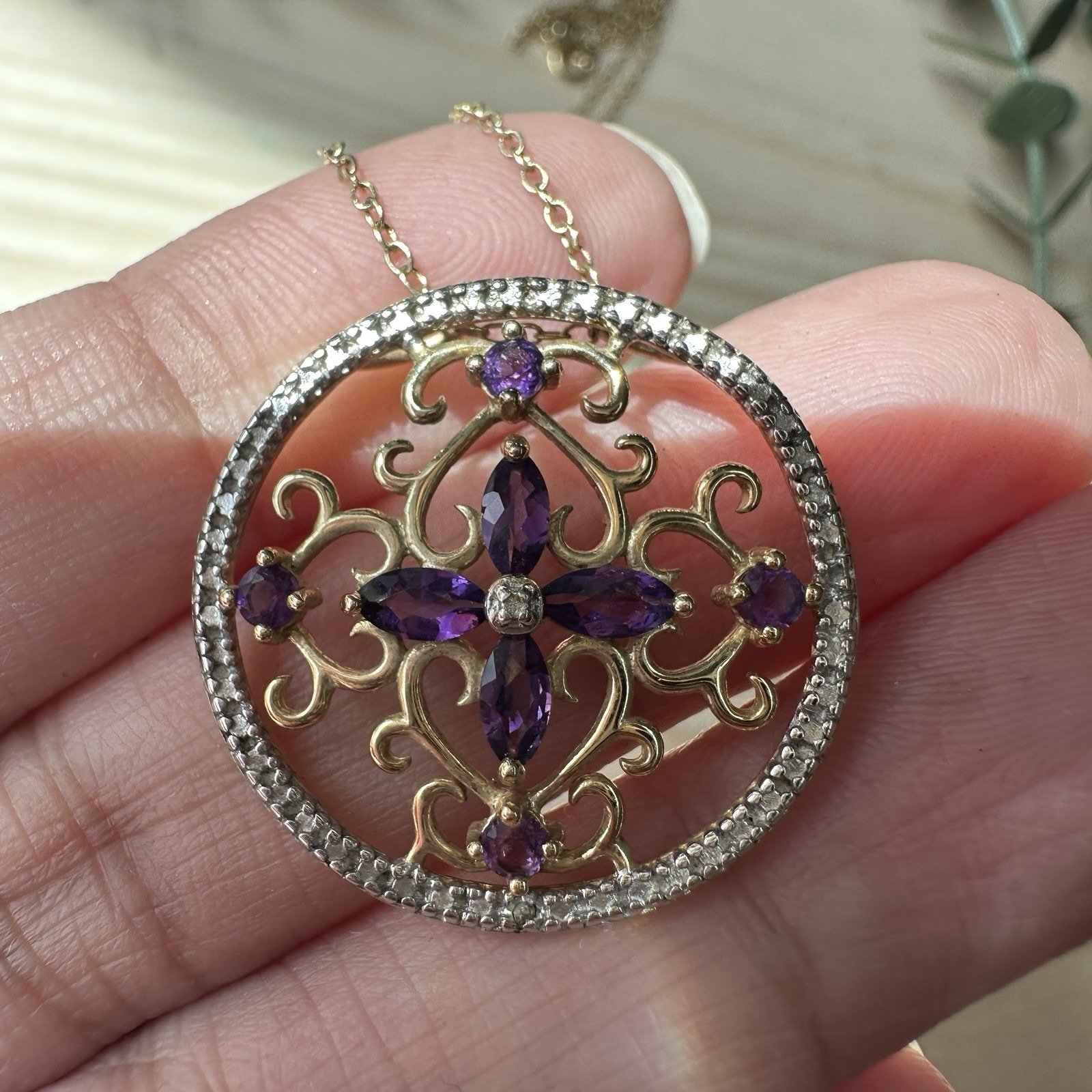 VTG PAJ Necklace 18 Amethyst Flower Circle Pendant Gold Plate 925 Sterling 3.6g