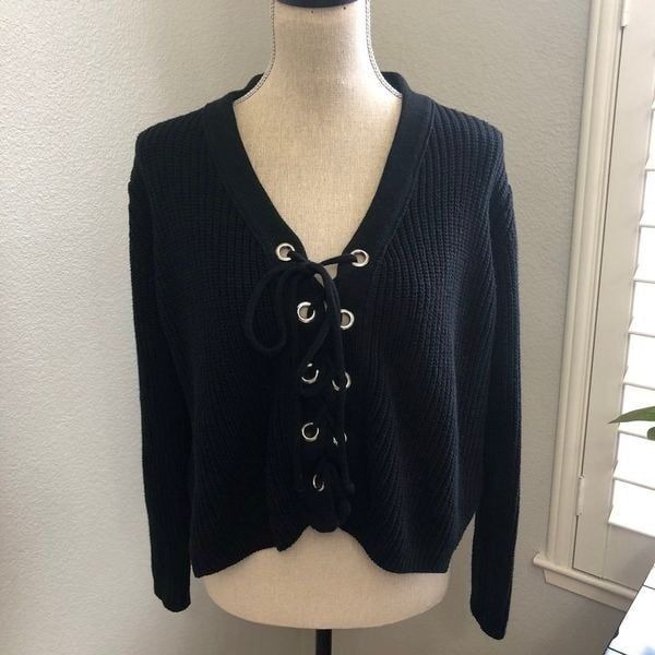 Skylar and Madison Black Lace Up Sweater