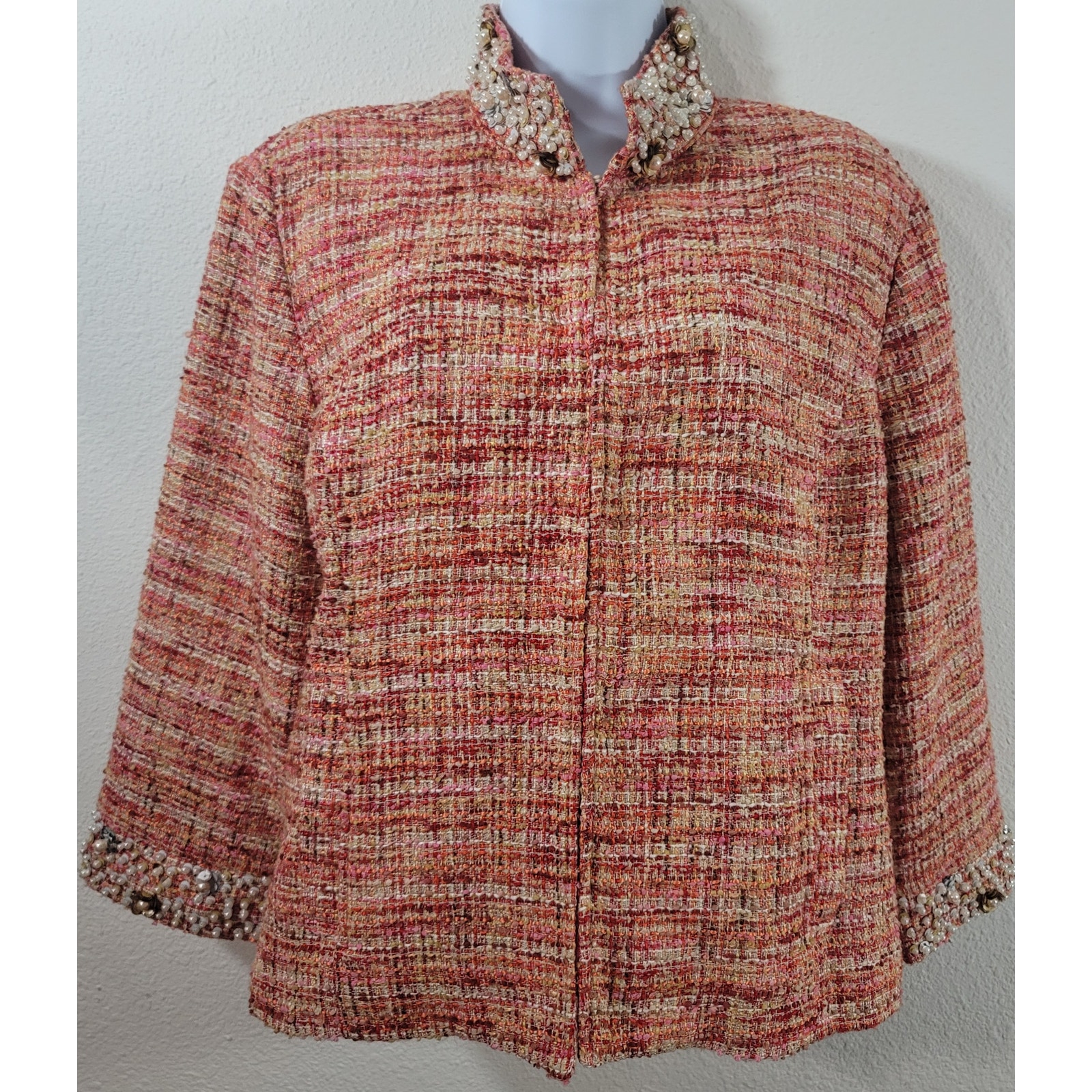 Chico's Orange Red Embellished Tweed Blazer 2 Large Lined Lightweight Soft