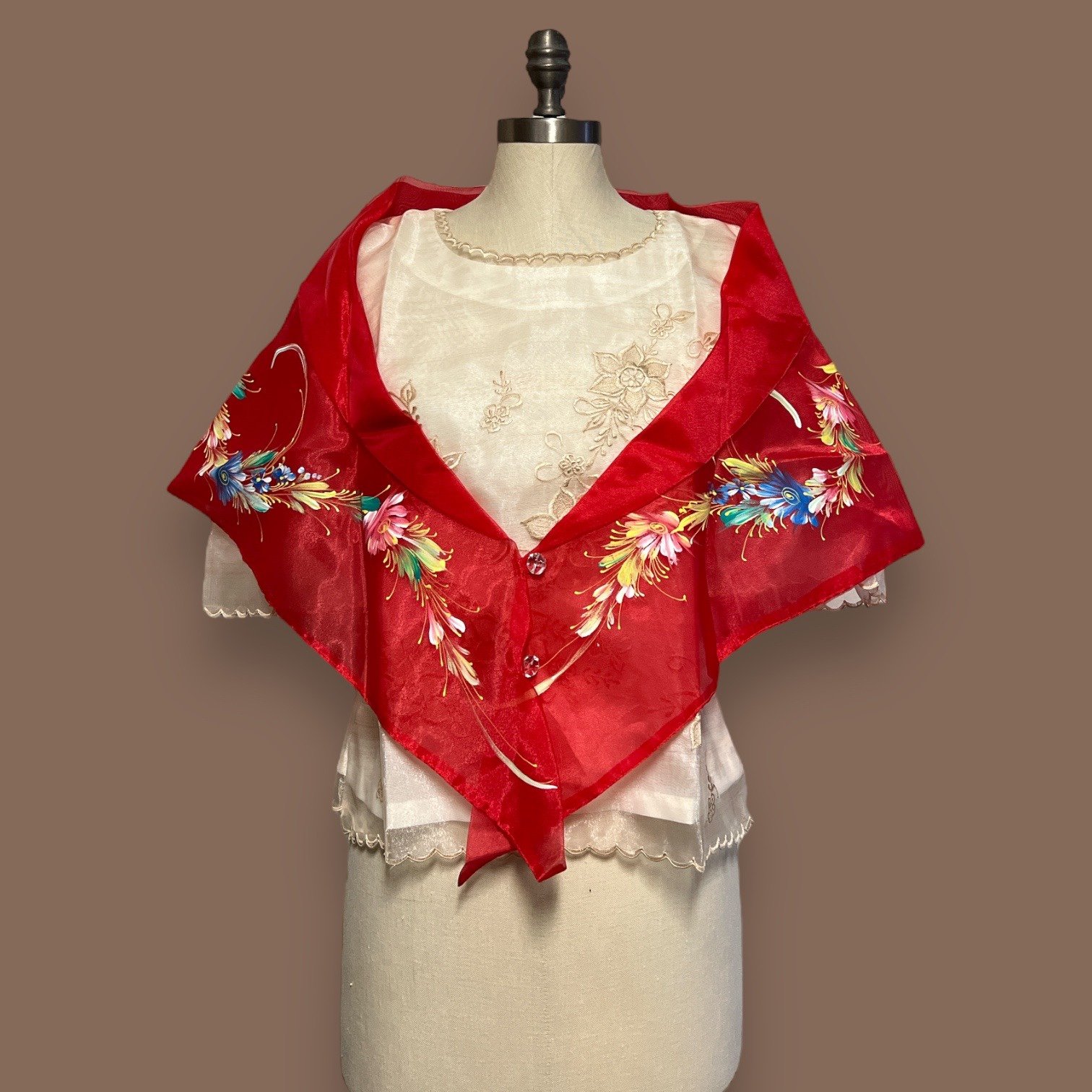 Handpainted Filipiniana Alampay Floral Shawl Maria Clara Red Pañuelo L/XL Silk