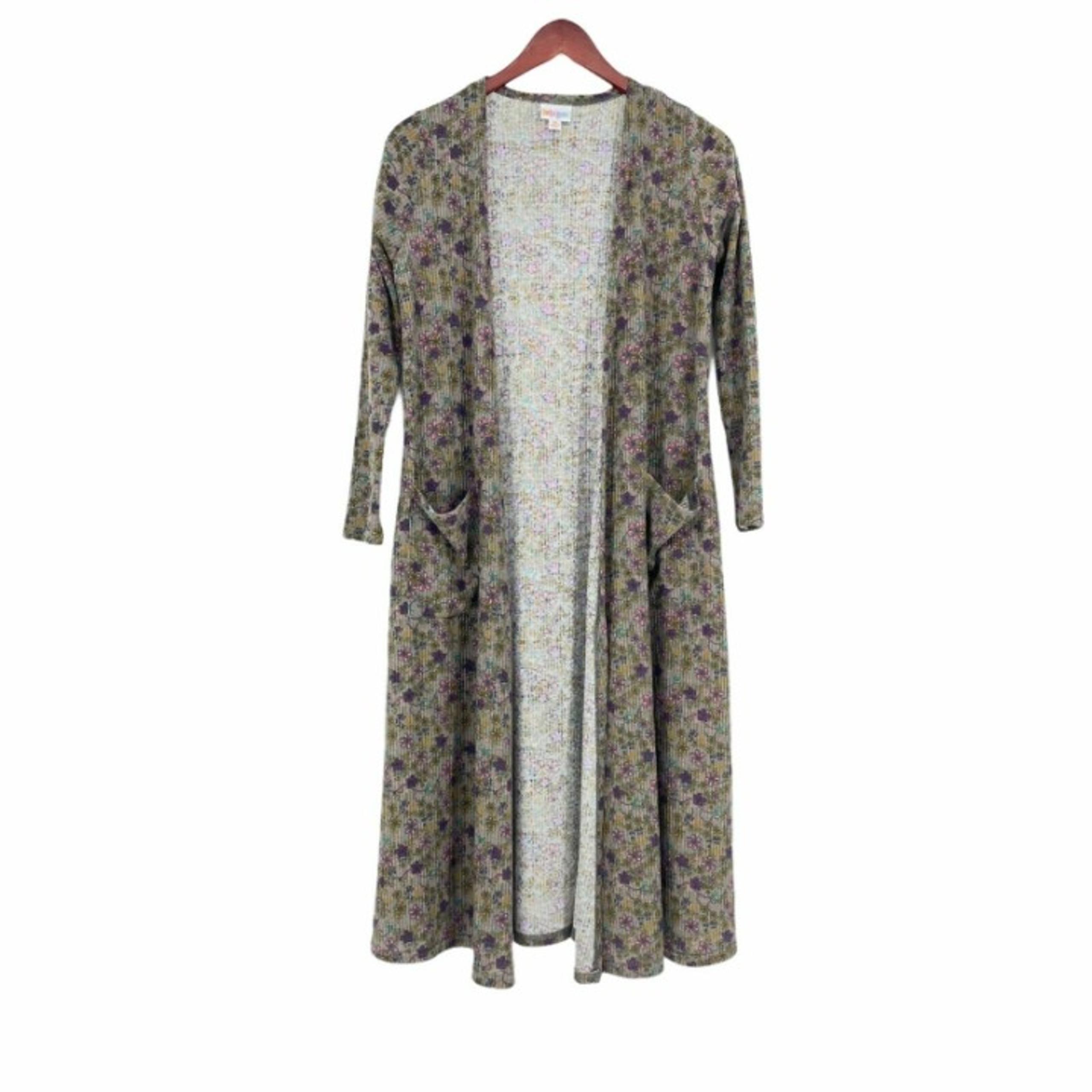Lularoe Sweater Coat Women's Sz XS Midi Open Front Cardigan Knit Floral Purple