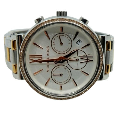 MICHAEL KORS~6696~Sofie~SWAROVSKI CRYSTAL GLITZ SILVER GOLD CHRONOGRAPH WATCH