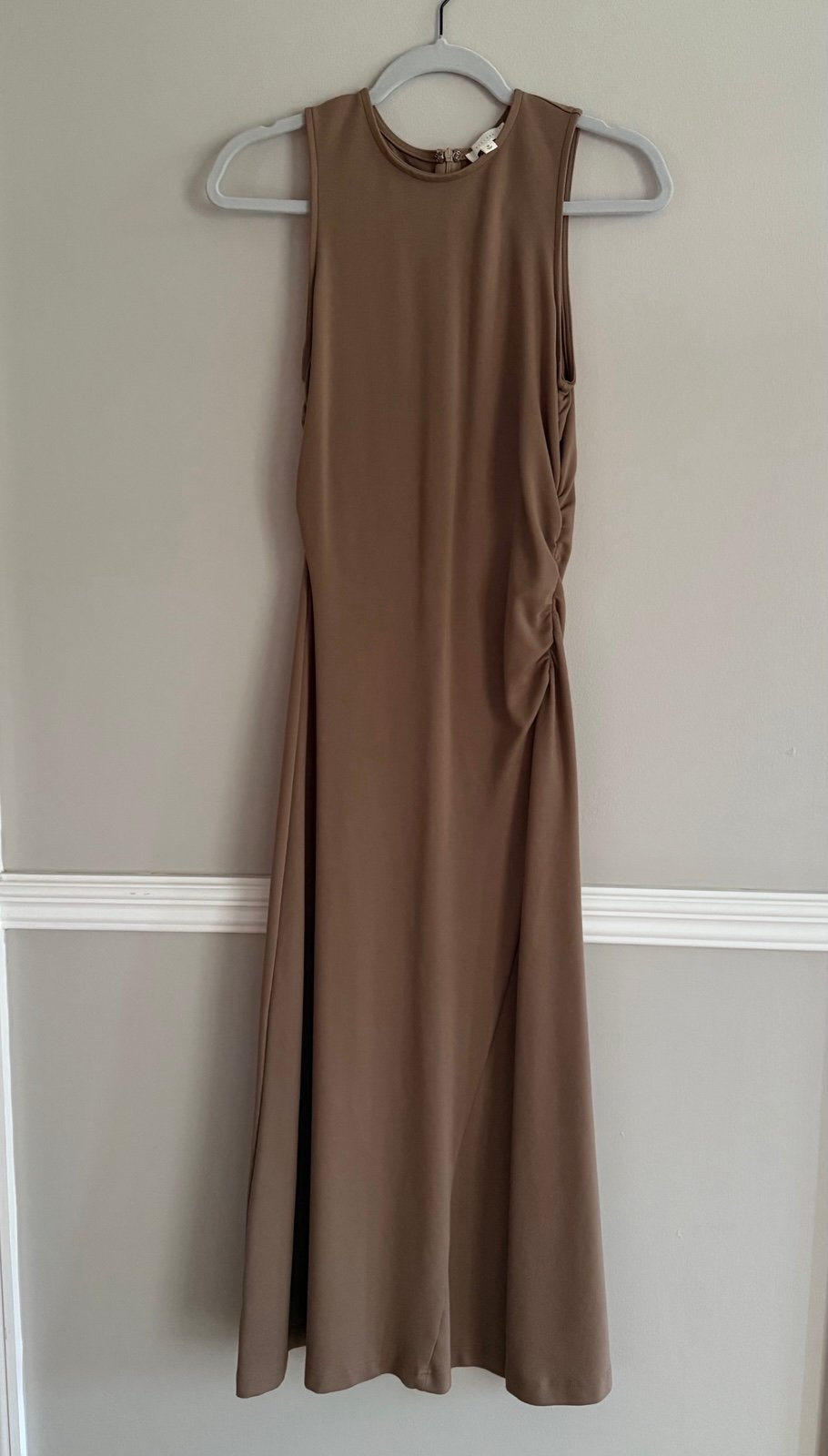 All:Row Fitted Tan Midi Dress | Size Medium | Flared Hem Detail