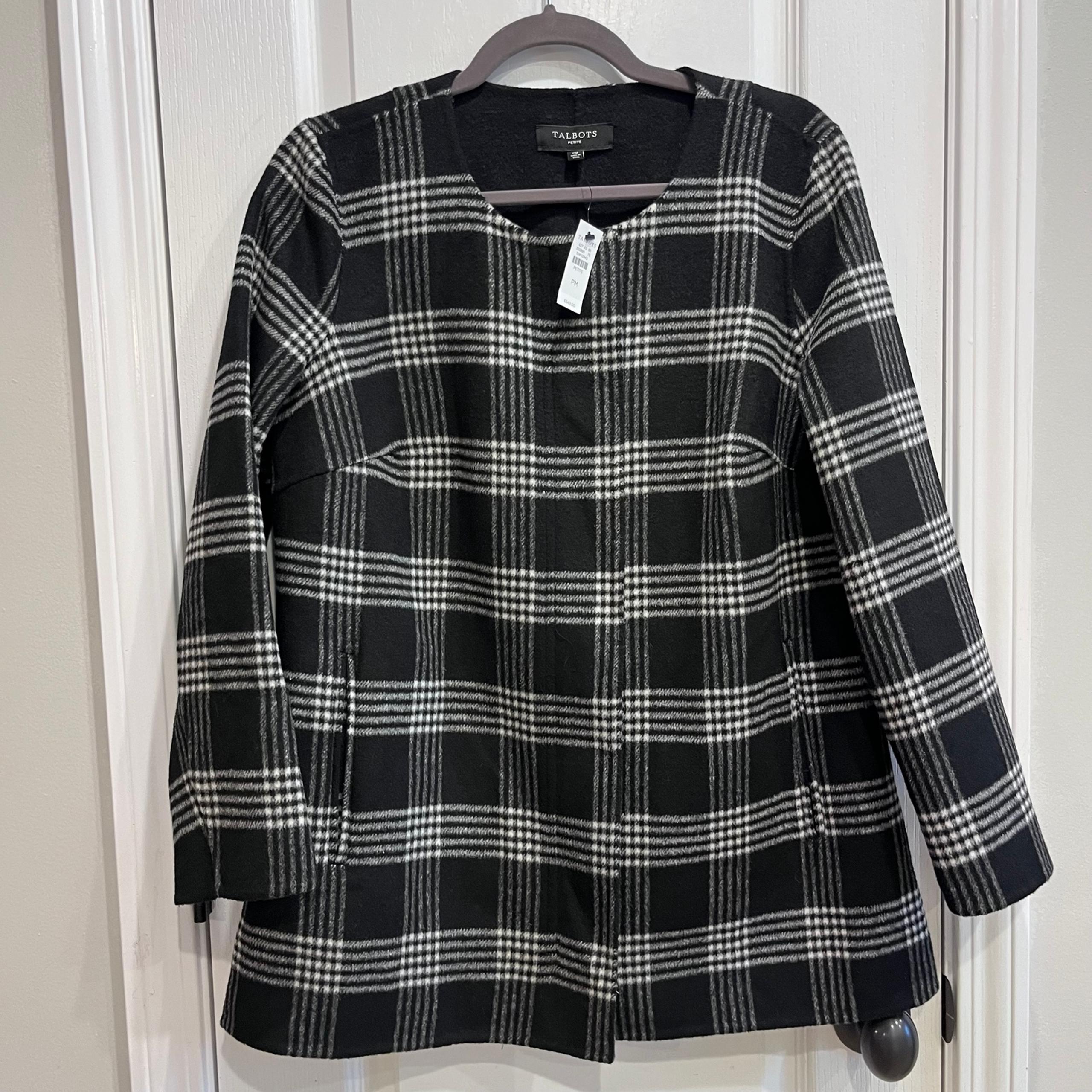NWT Talbots Wool Blend Plaid Coat Black White Petite Medium