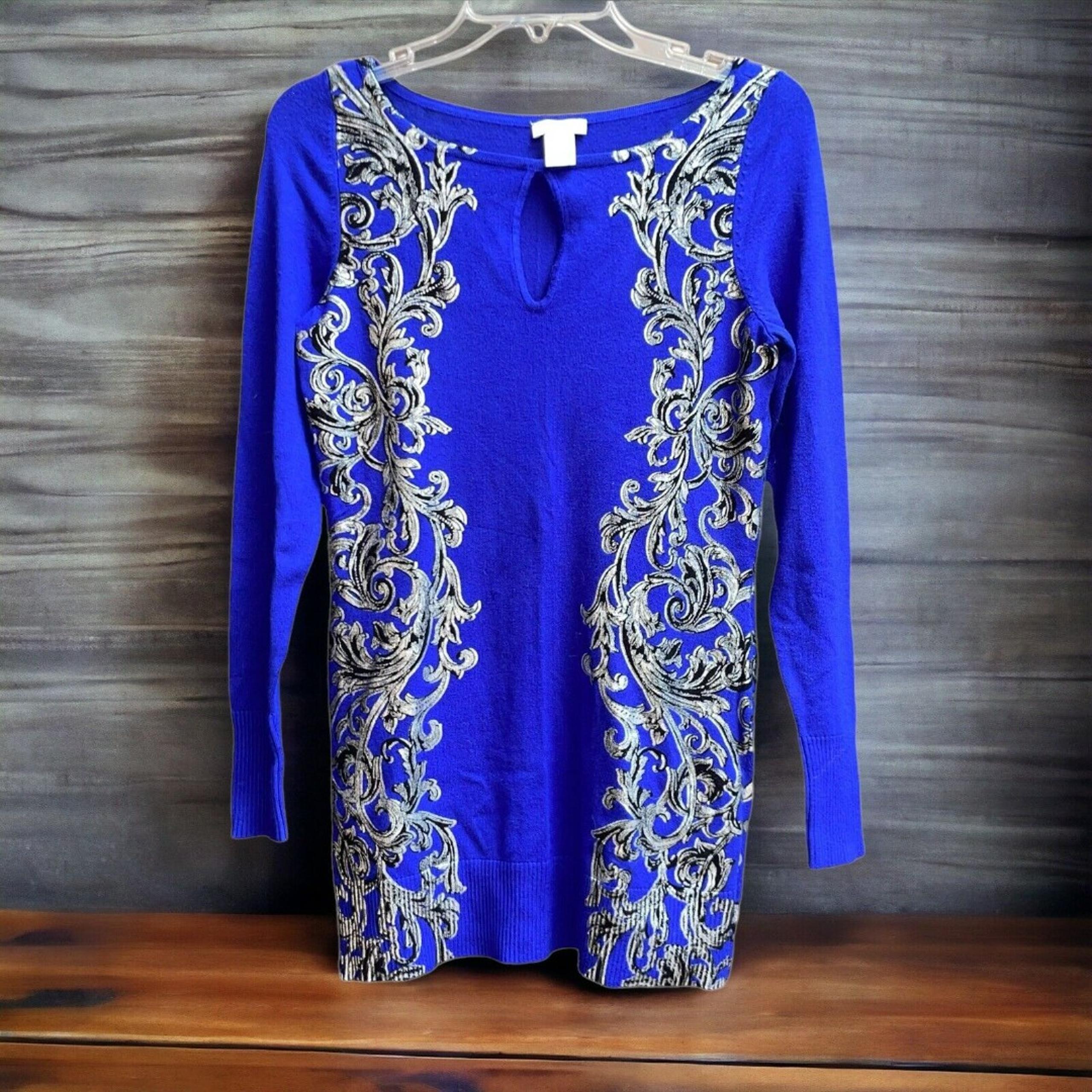 Cache S Y2K Keyhole Neck Sweater w/ Silver Baroque Print