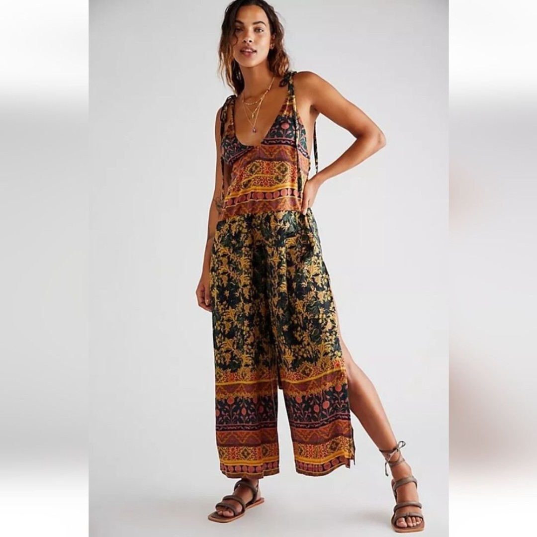 Free People Leona Jumpsuit Ruby Red Romper Wide Leg Boho Mix Print XS