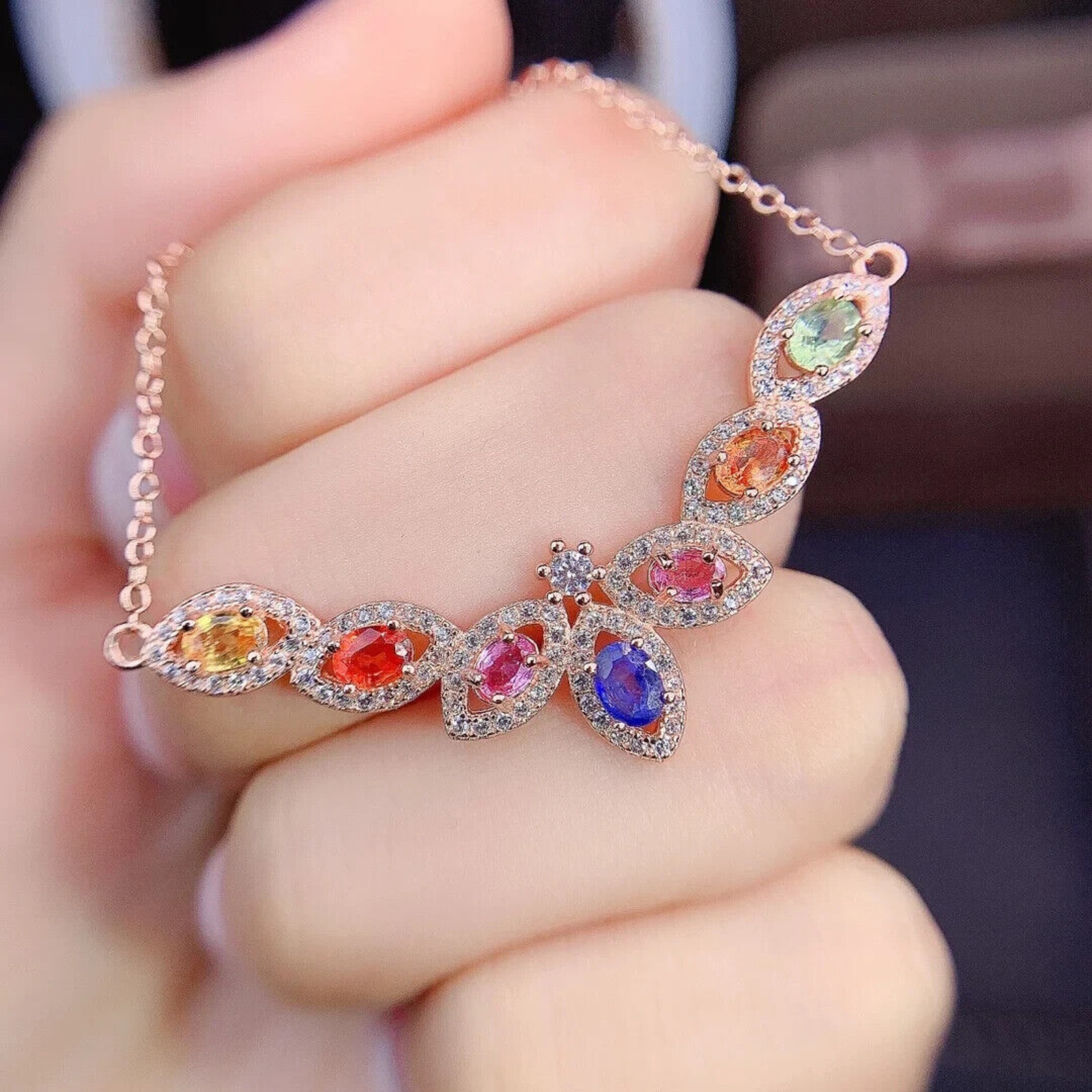 Multicolor Natural Sapphire Clavicle Chain Necklace, Dainty Sapphire Necklace
