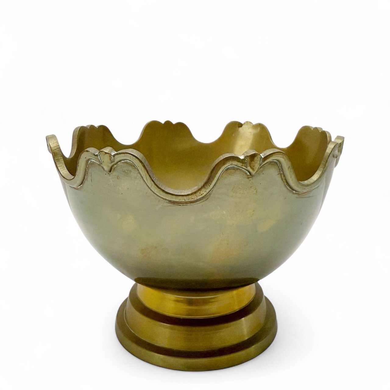Vintage Solid Brass Scalloped Pedestal Bowl Made in India