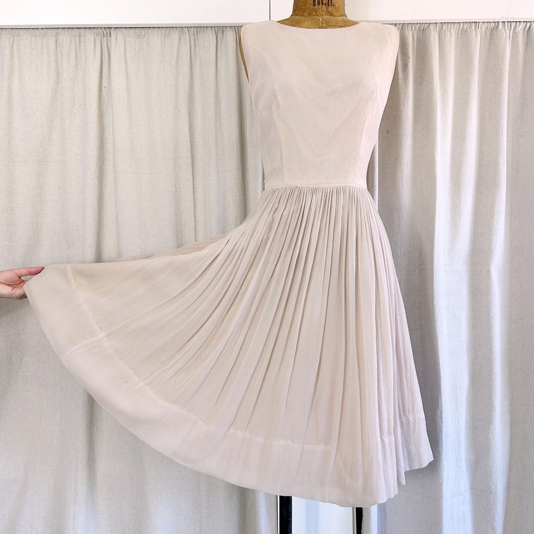 Vintage 50s Taupe Nude Chiffon Circle Skirt Party Dress XS S