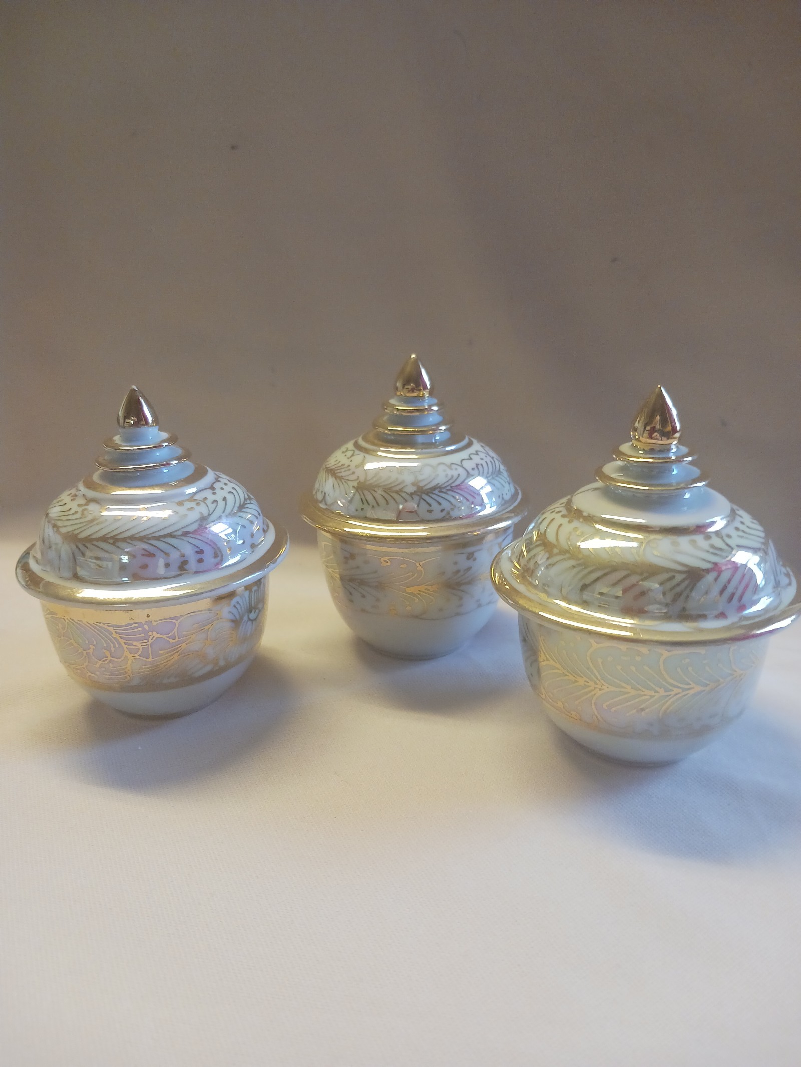 3 Vintage Thailand Lusterware Spice Jars with Lids