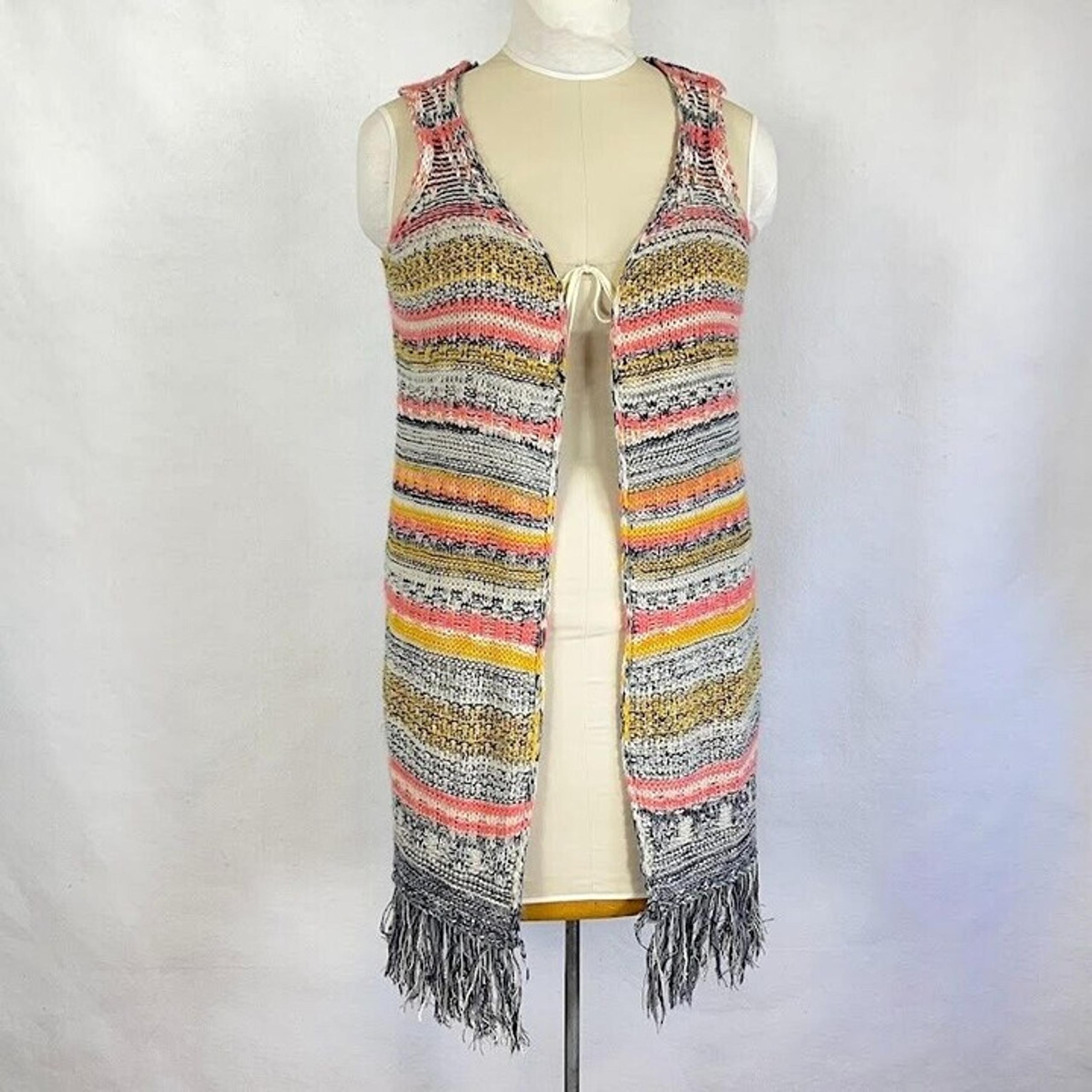 Paper Crane Sleeveless Multi Color Open Front Long Knit Boho Cardigan Duster M