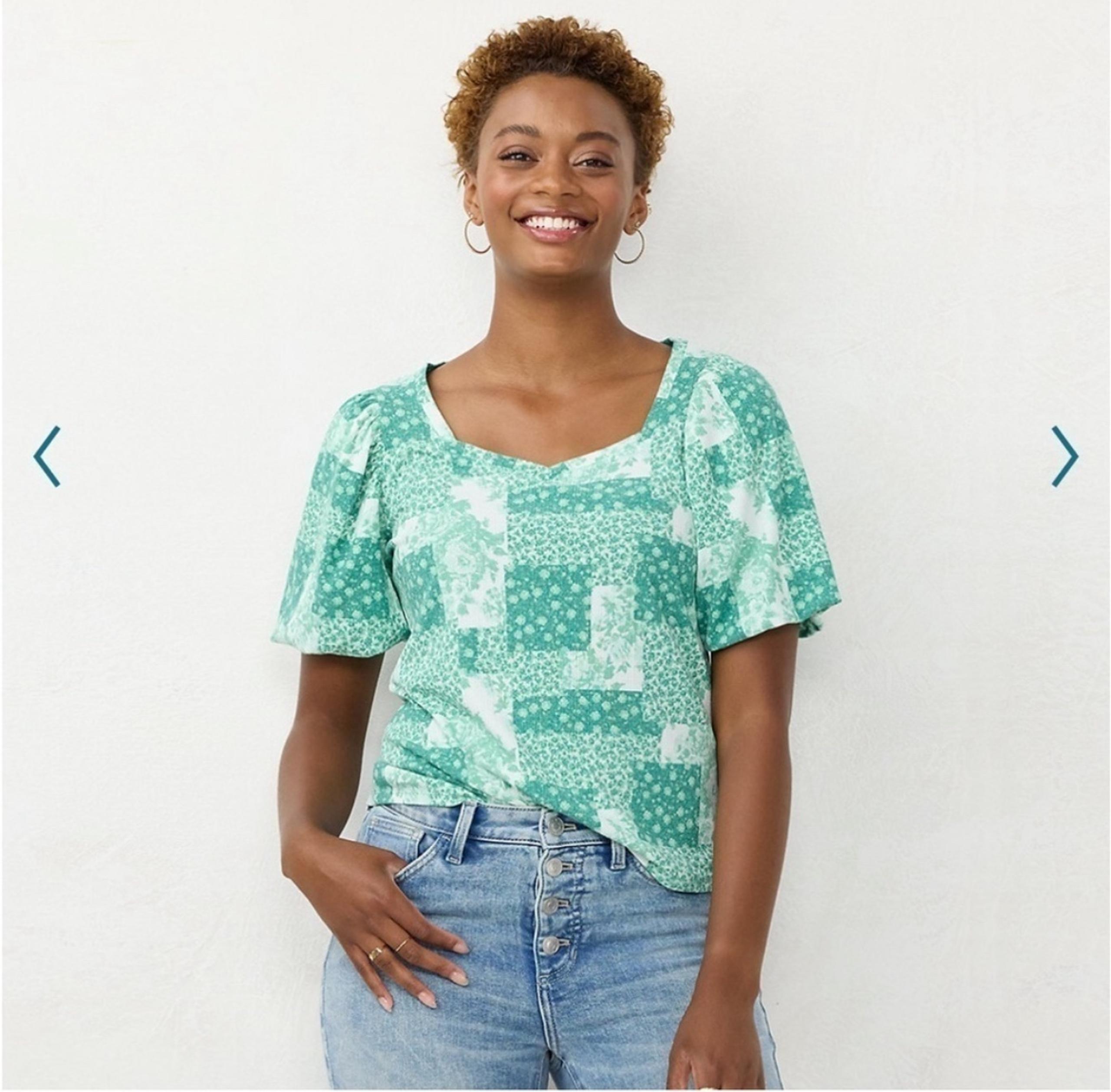 LC LAUREN CONRAD GREEN FLORAL WOMENS SIZE XL SHORT SLEEVE BLOUSE