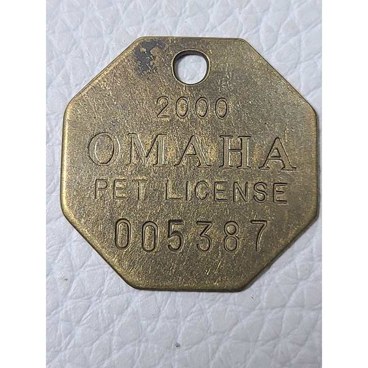 Vintage 2000 Pet License Tag Y2K Omaha 1.25 Octagonal #005387 Goldtone OOAK