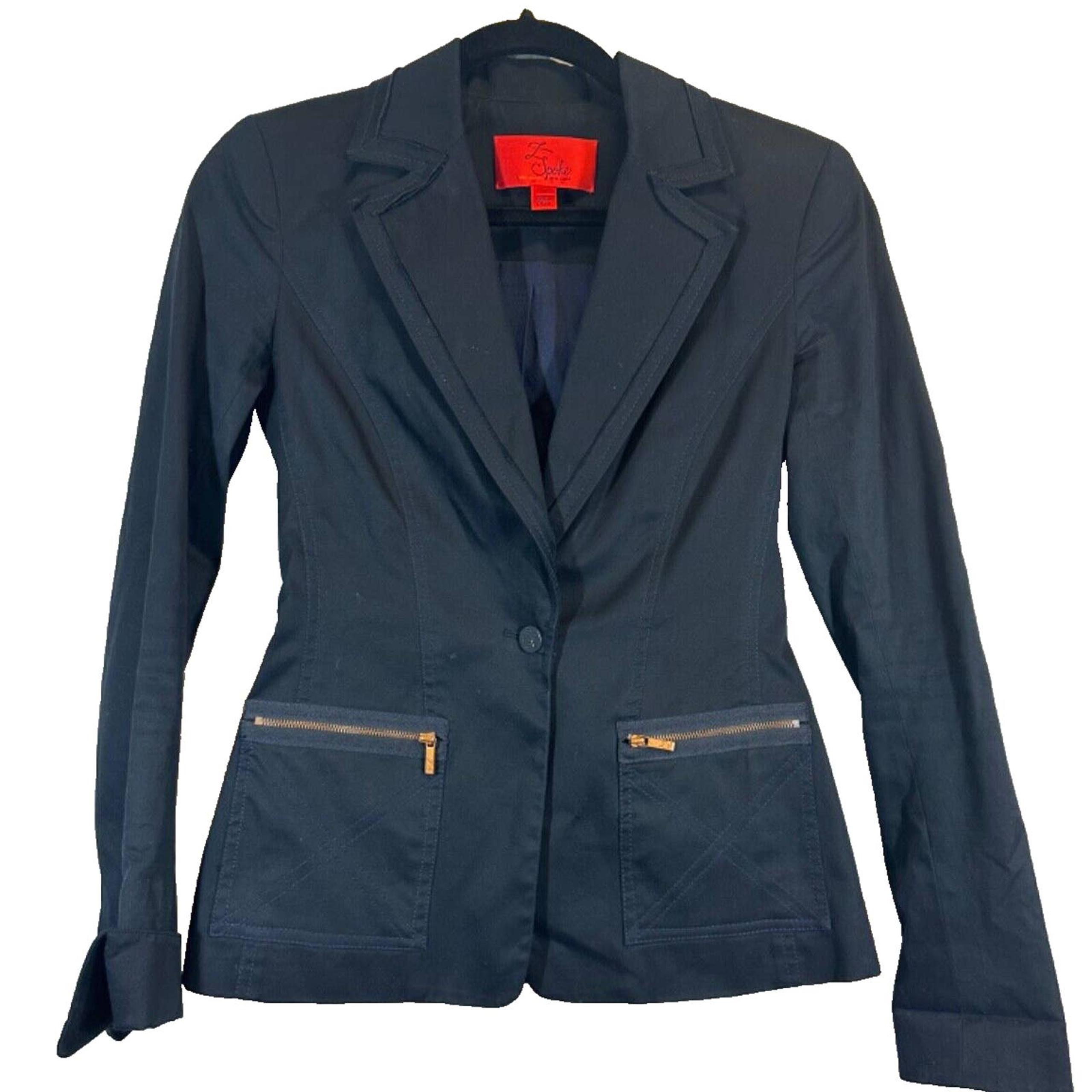 Rare Z Spoke by Zac Posen 0 Cotton Blend Stretch Fitted Navy Blue Blazer A25